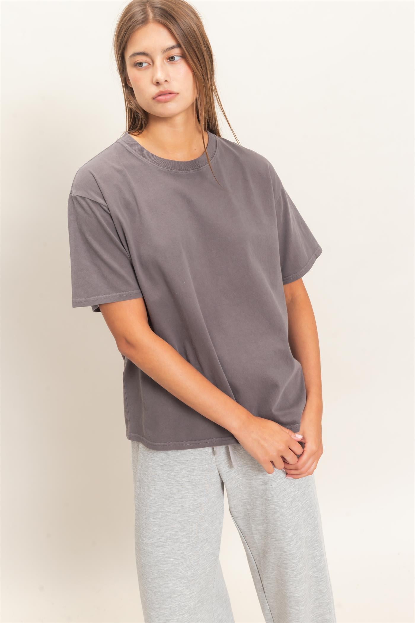 Wholesale Crew Neck Pigment Dye T-Shirt Clothing Tops DZ26E448 CHARCOAL DOUBLE ZERO