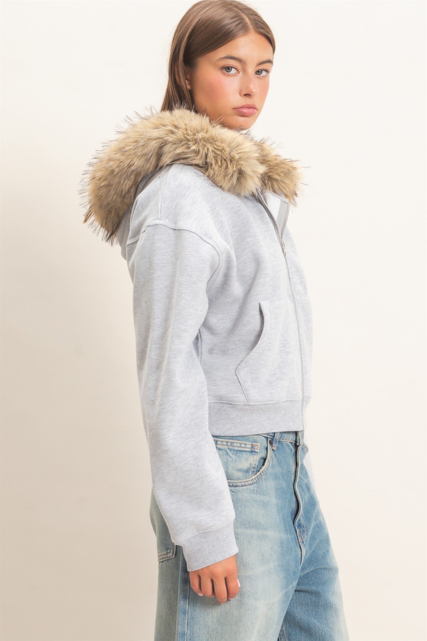 Wholesale Detachable Fur Zip Up Hoodie Hoodies DZ26F396 HEATHER GRAY DOUBLE ZERO