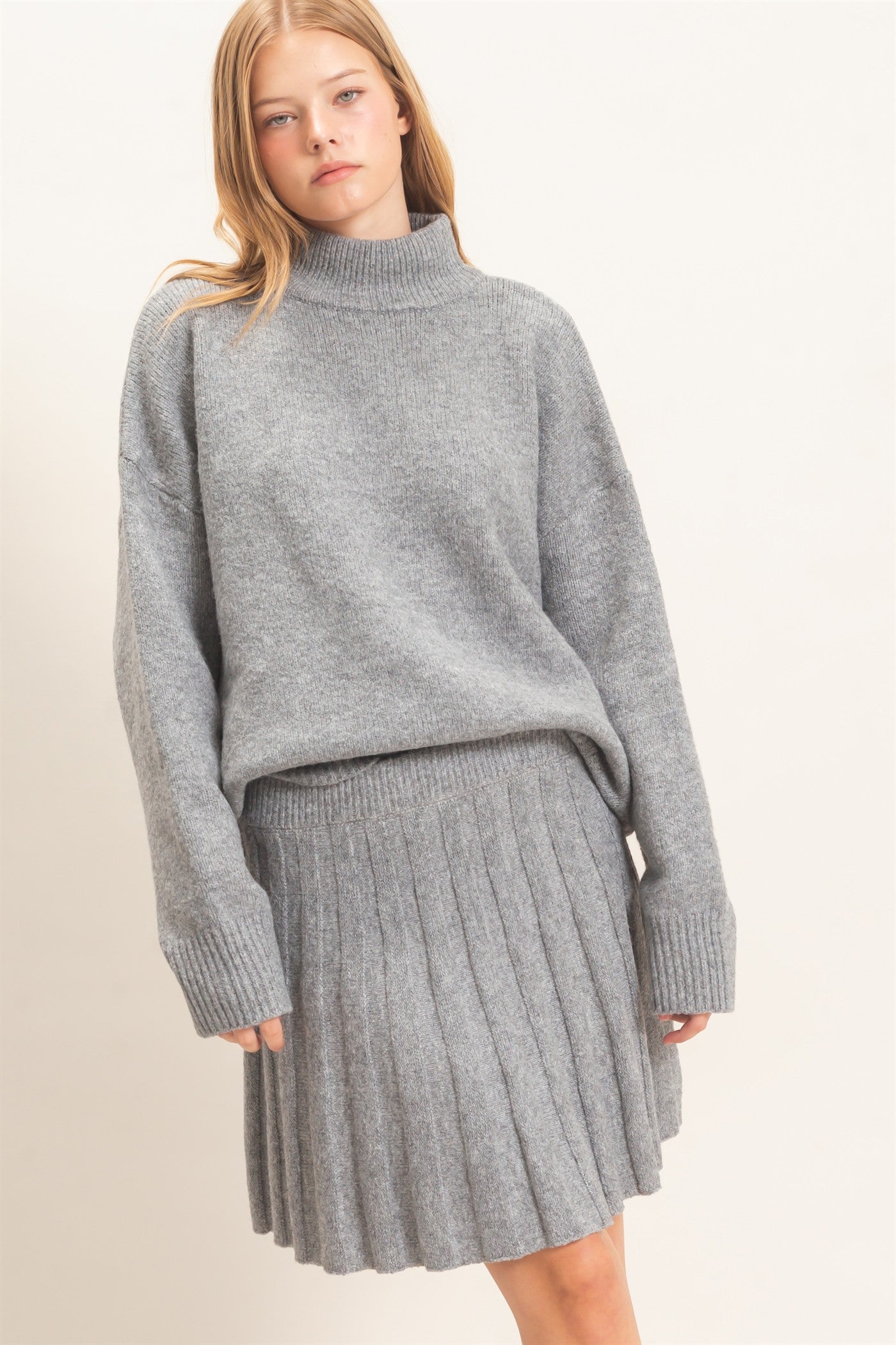 Wholesale Mock Neck Sweater And Pleated Skirt Set Clothing HF26F232-SET H.GRAY HYFVE