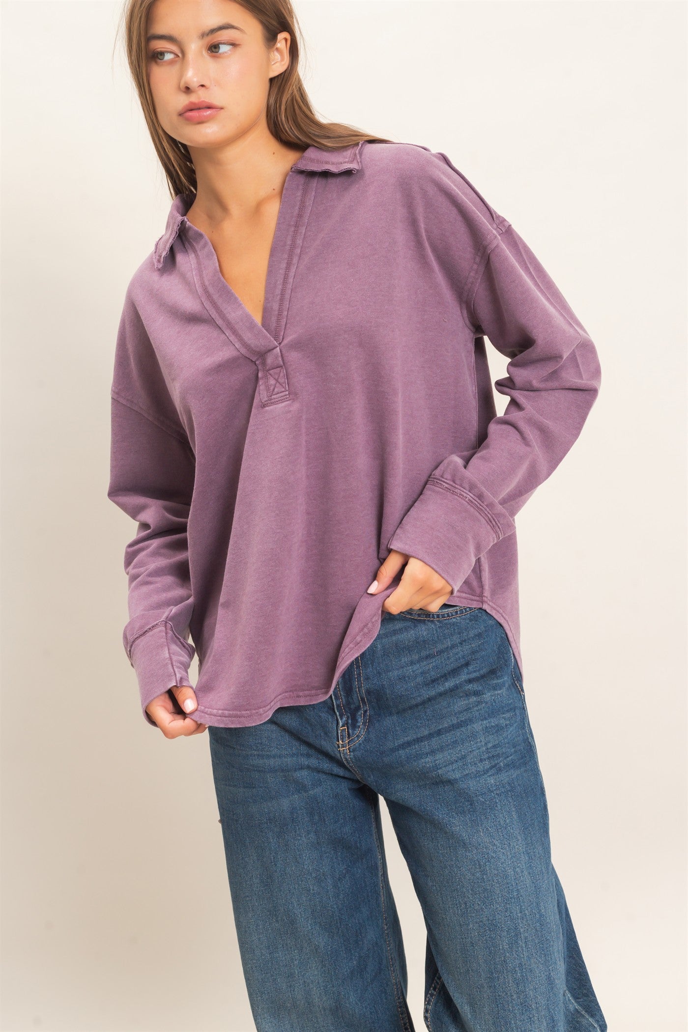 Wholesale Mineral Washed Polo Collar Long Sleeve Top Polos DZ26E887 DARK CHERRY DOUBLE ZERO