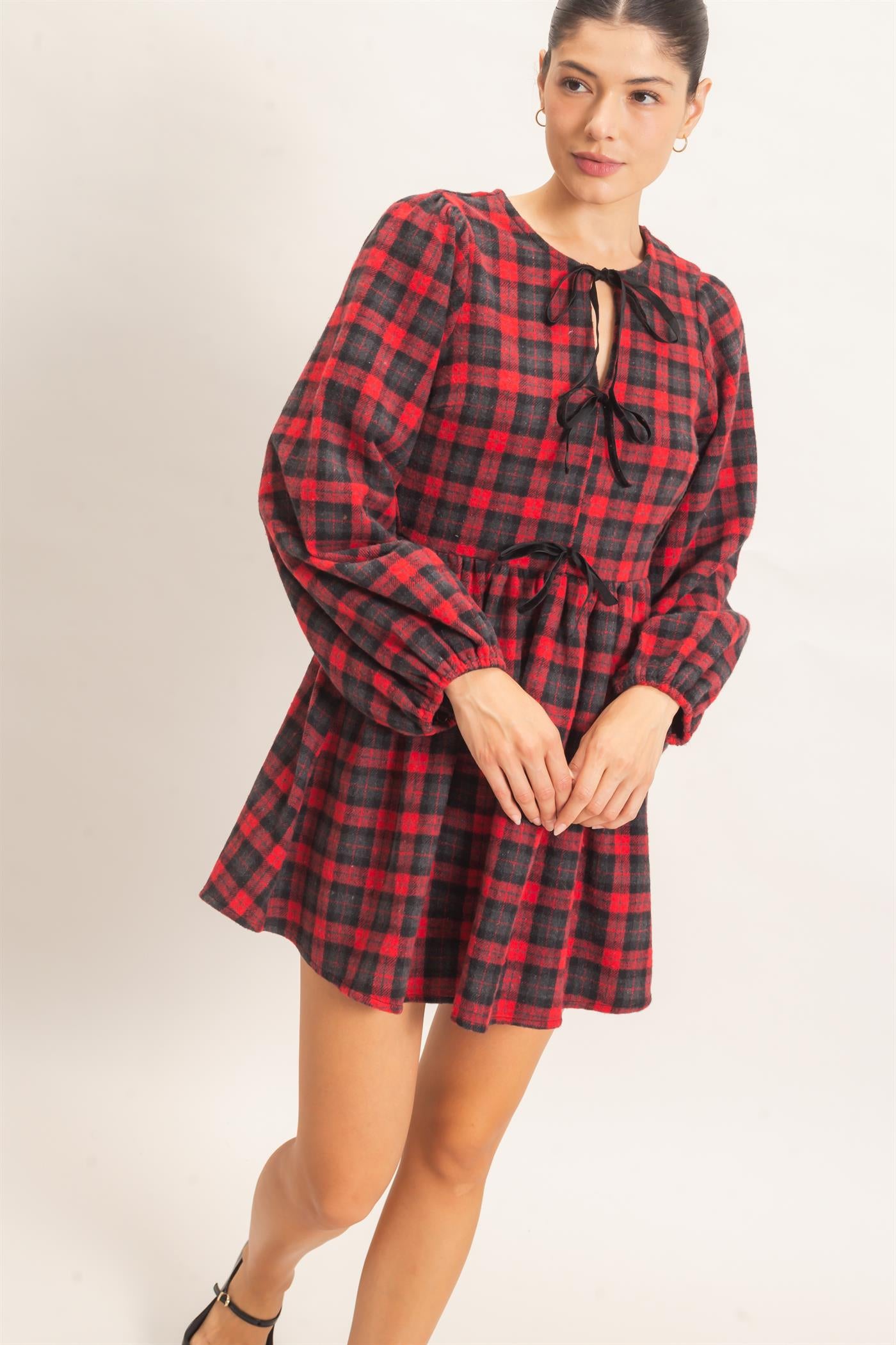 Wholesale Plaid Velvet Ribbon Tie Mini Dress Dresses HF26E965 RED HYFVE
