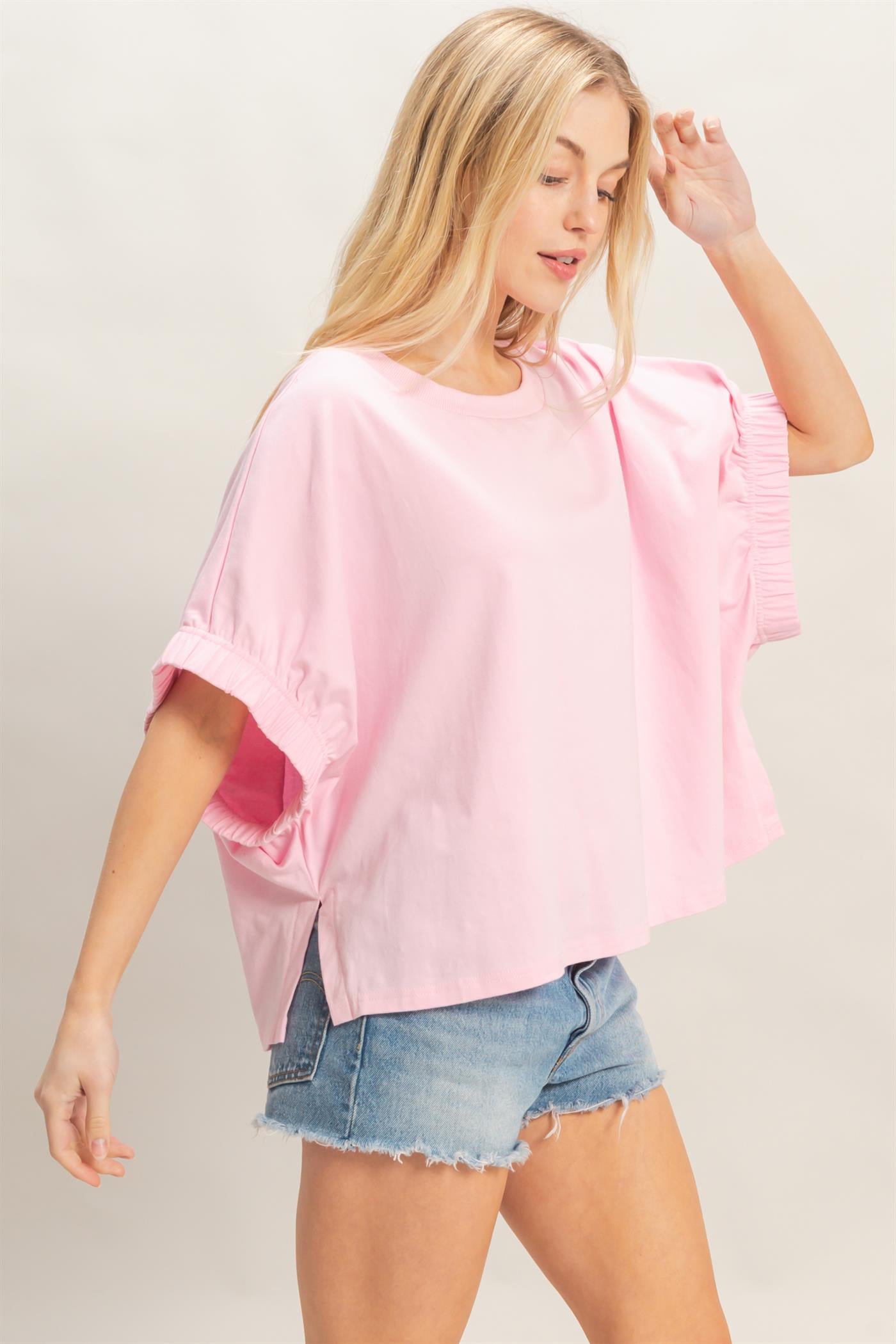 Wholesale Oversized Elastic Cuff Top T-Shirts HF26C082 LIGHT PINK HYFVE
