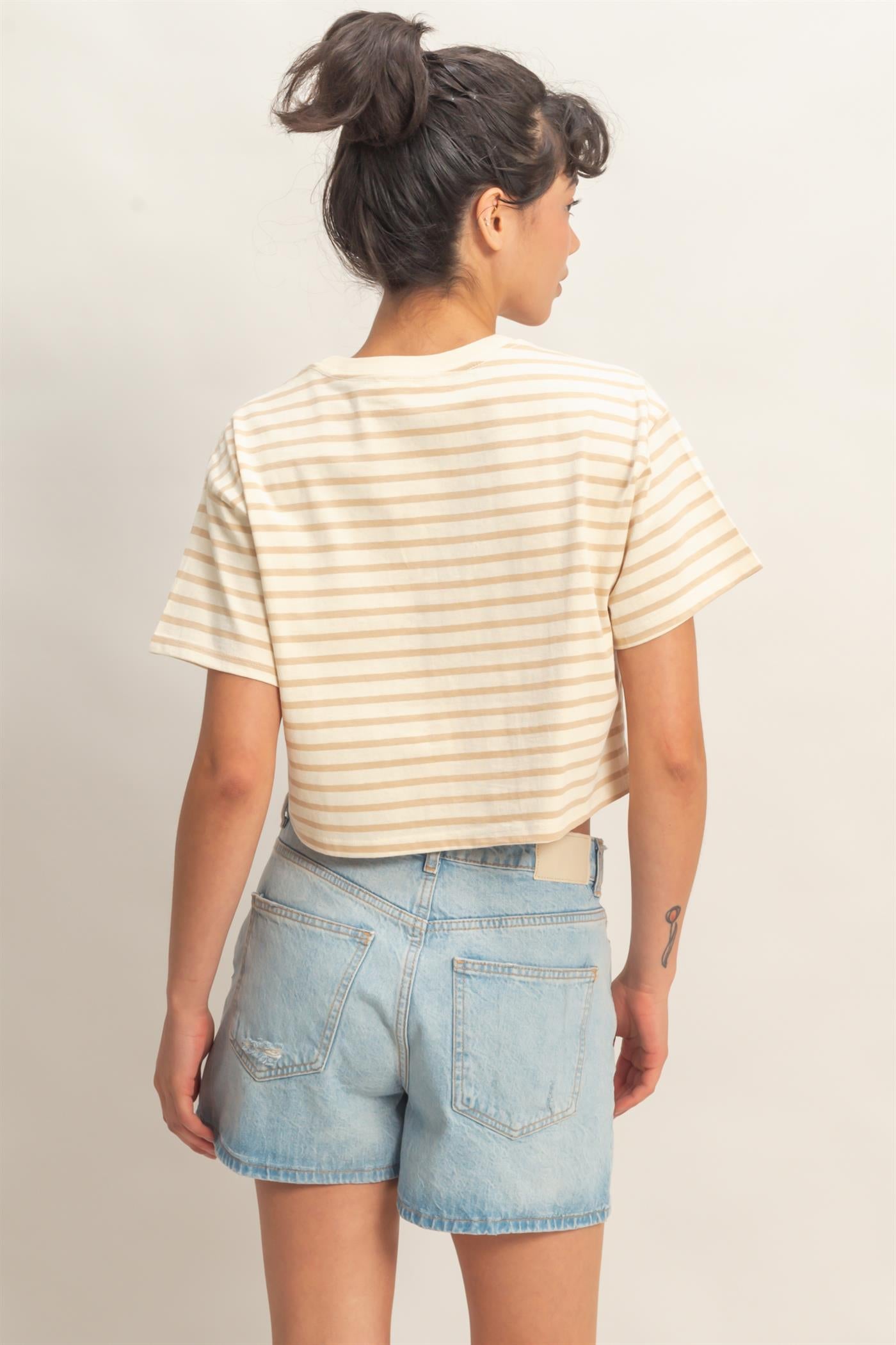 Wholesale Striped Oversized Short Sleeve Cropped Tee Clothing Tops DZ26C023 TAUPE DOUBLE ZERO