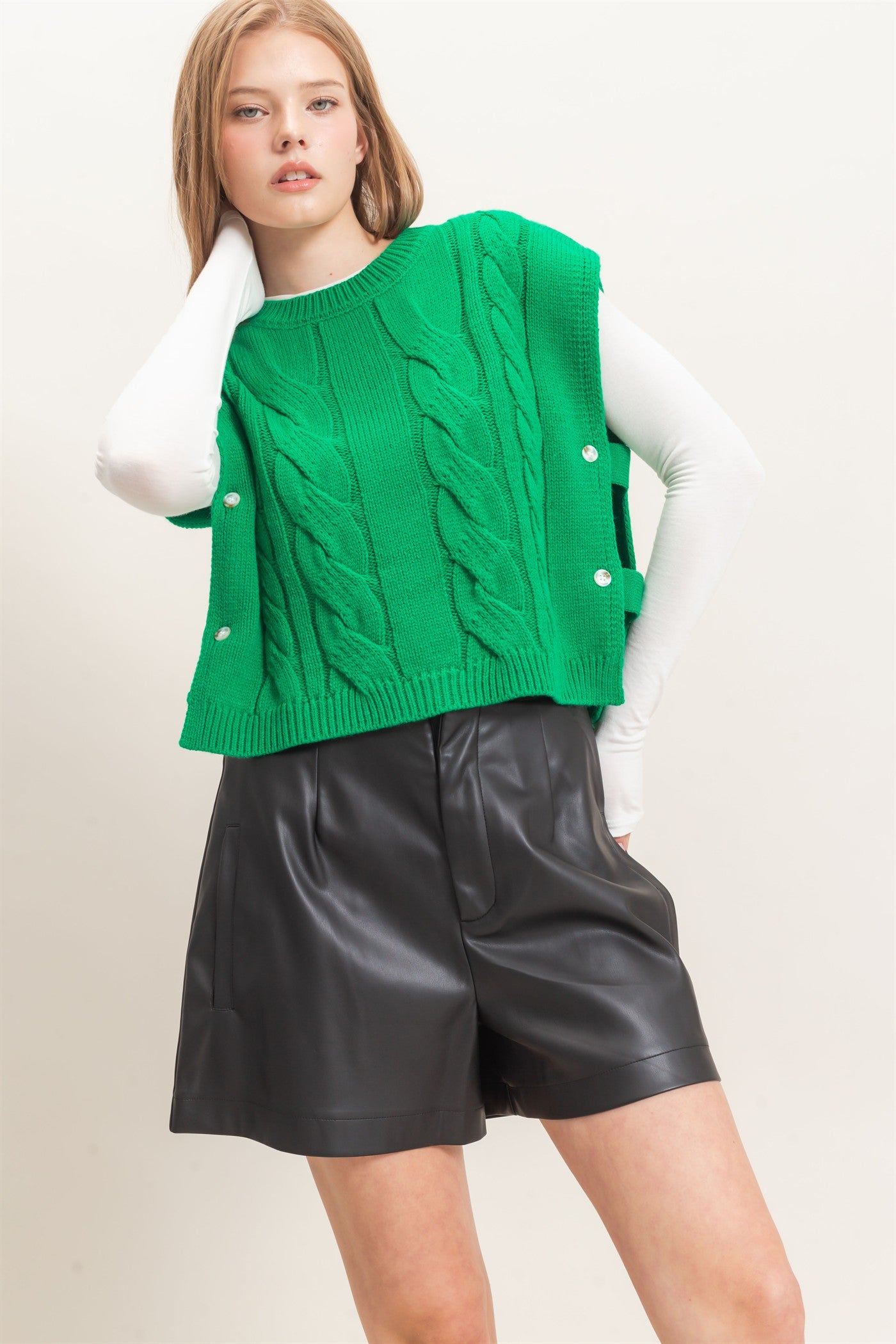 Wholesale Cable Knit Vest With Side Buttons Sweaters HF26F193 GREEN HYFVE