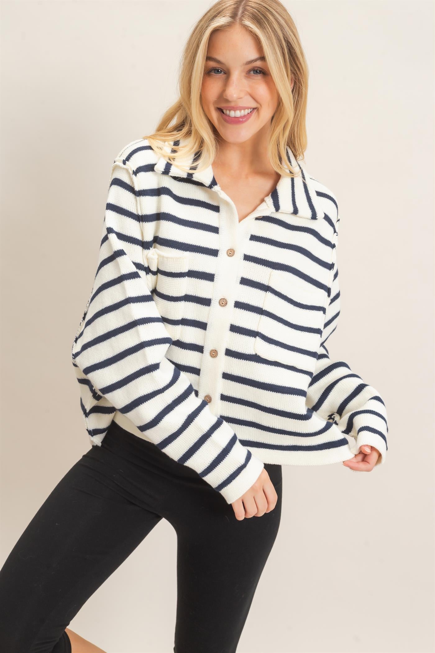 Wholesale Striped Button Front Cardigan Sweaters HF26F197 CREAM HYFVE