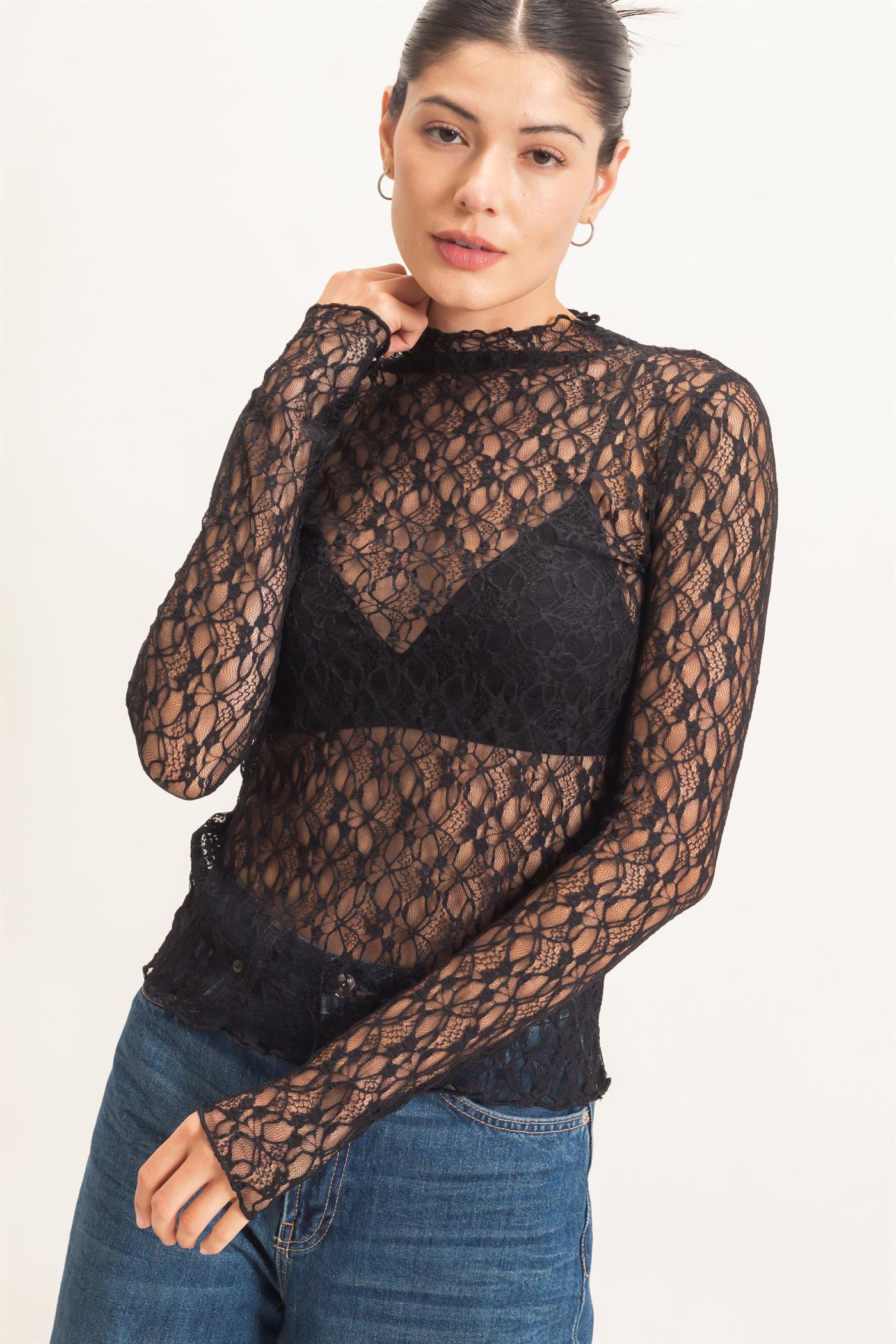 Wholesale Lace Mock Neck Long Sleeve Top Clothing Tops HF26E033-D BLACK HYFVE