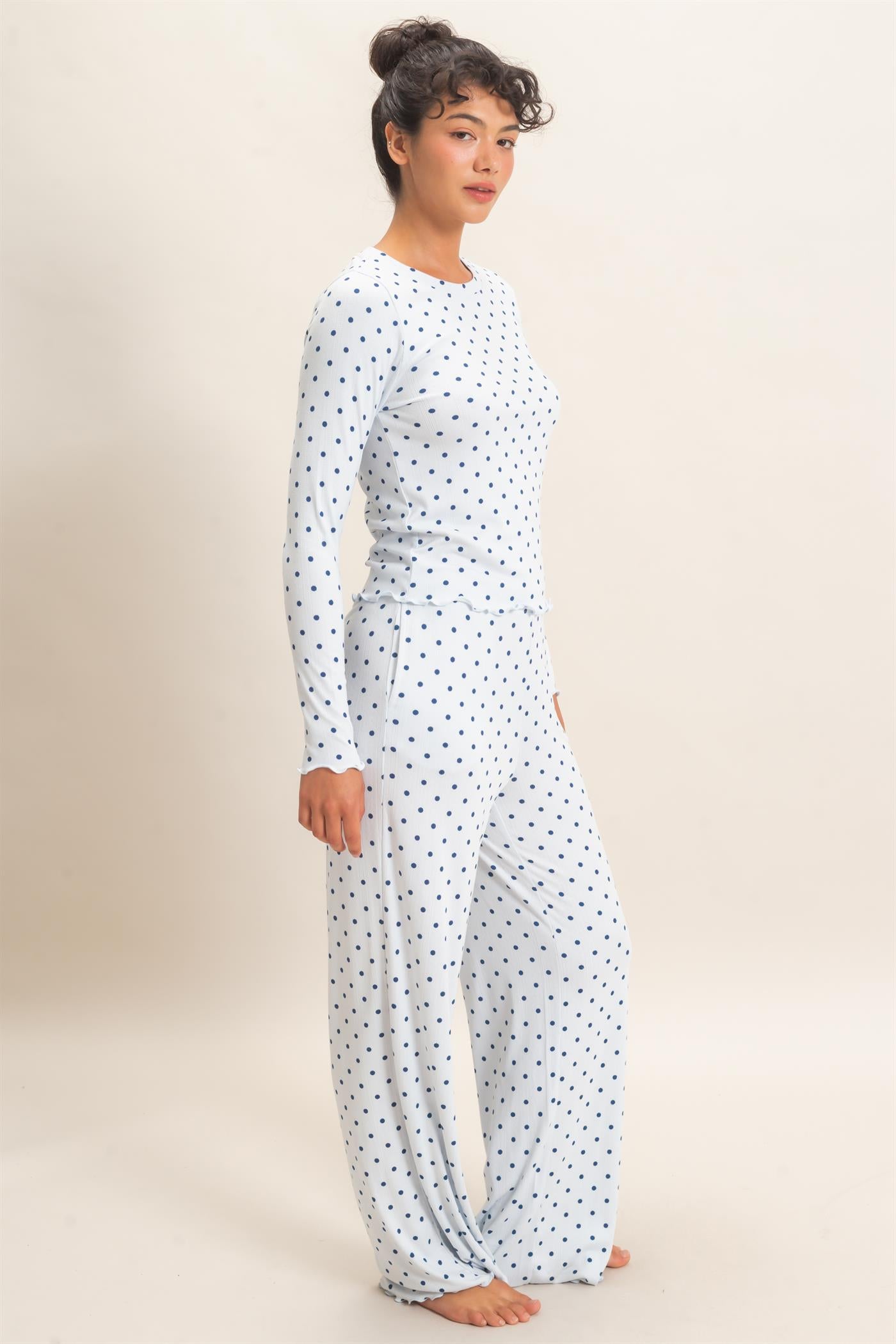 Wholesale Polka Dot Long Sleeve Top & Pants Set Clothing DZ26E914-SET LIGHT BLUE DOUBLE ZERO