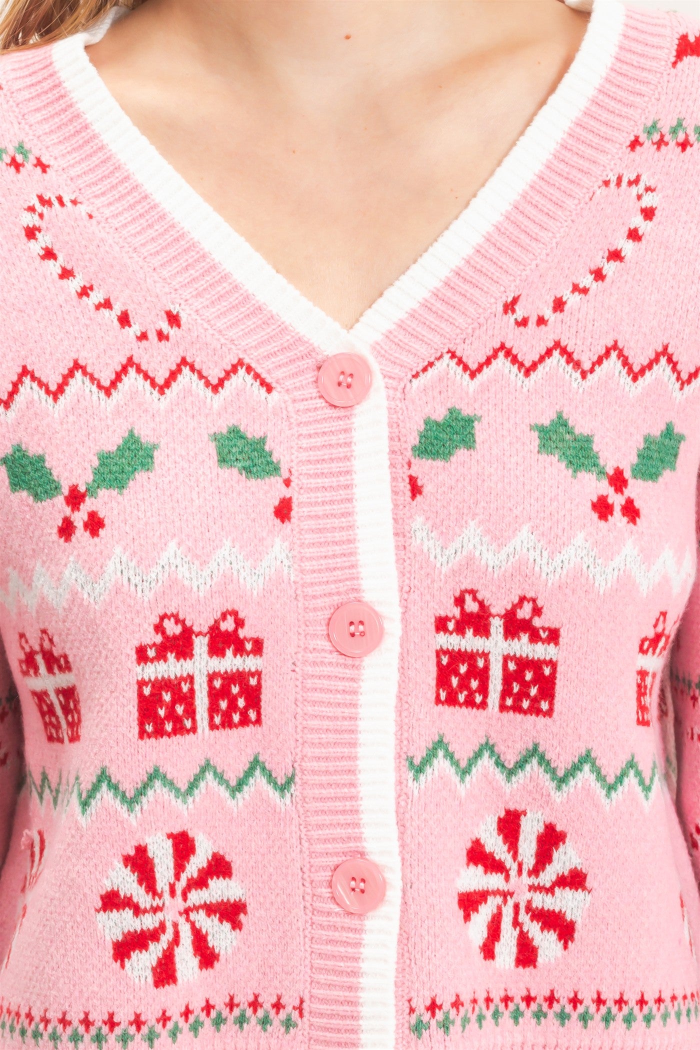 Wholesale Holiday Jacquard V-Neck Cardigan Cardigans HF26E919 PINK HYFVE