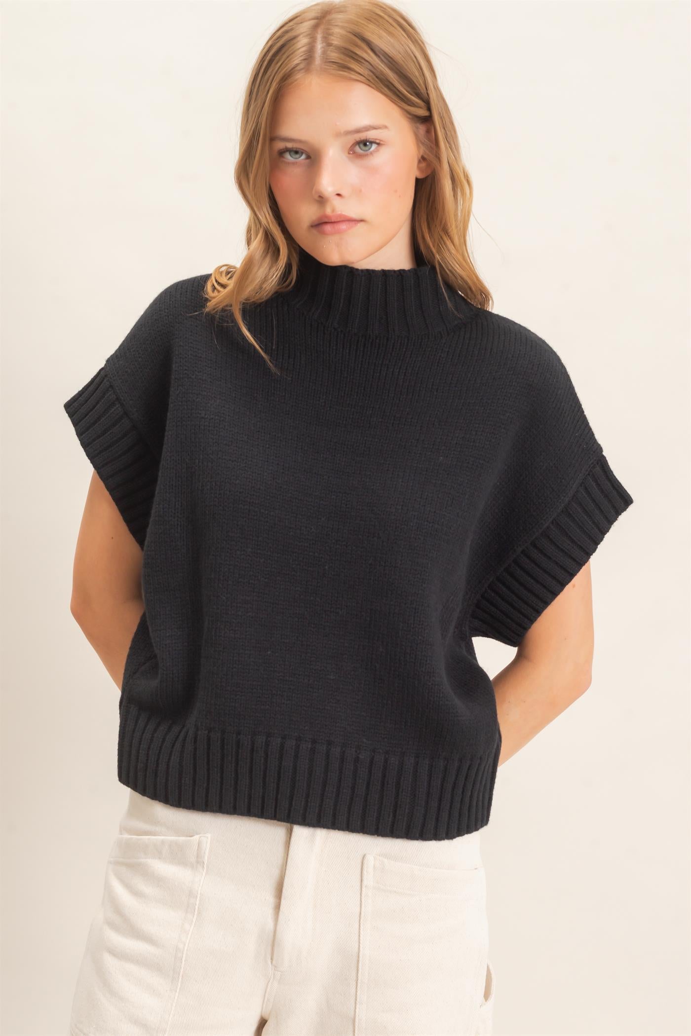 Wholesale Ribbed Mock Neck Sweater Vest Sweaters HF26F186-D BLACK HYFVE