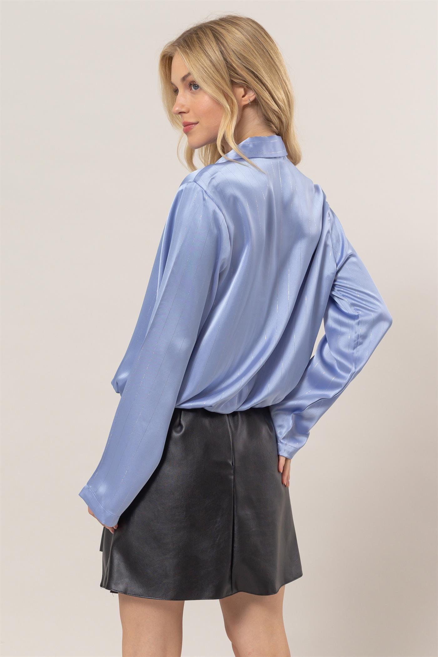 Wholesale Sophisticated Lurex Striped Wrap Blouse Clothing Tops HF25C383 DENIM BLUE HYFVE