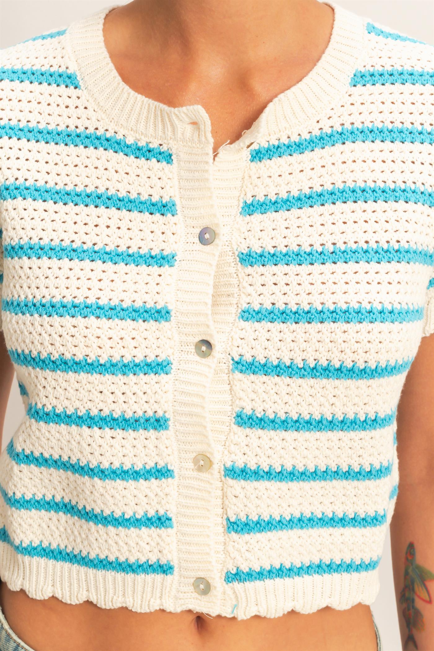Wholesale Striped Short Sleeve Cardigan With Scallop Edge Cardigans DZ26A605 BLUE DOUBLE ZERO