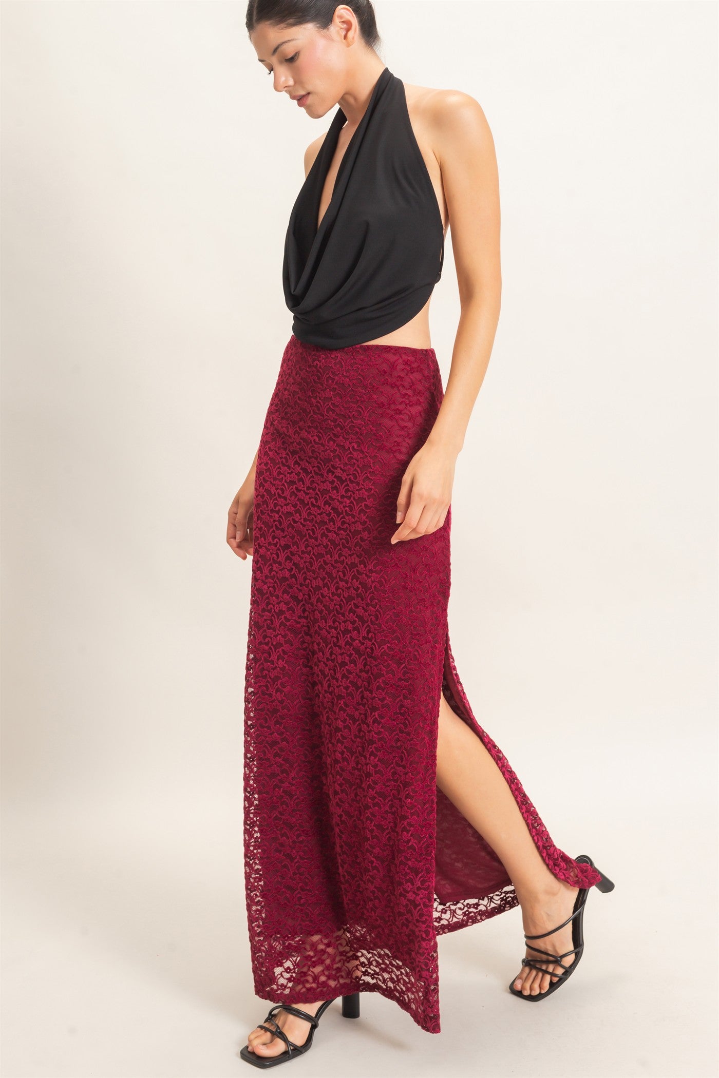 Wholesale Velvet Lace Maxi Skirt Skirts HF26E702 BURGUNDY HYFVE