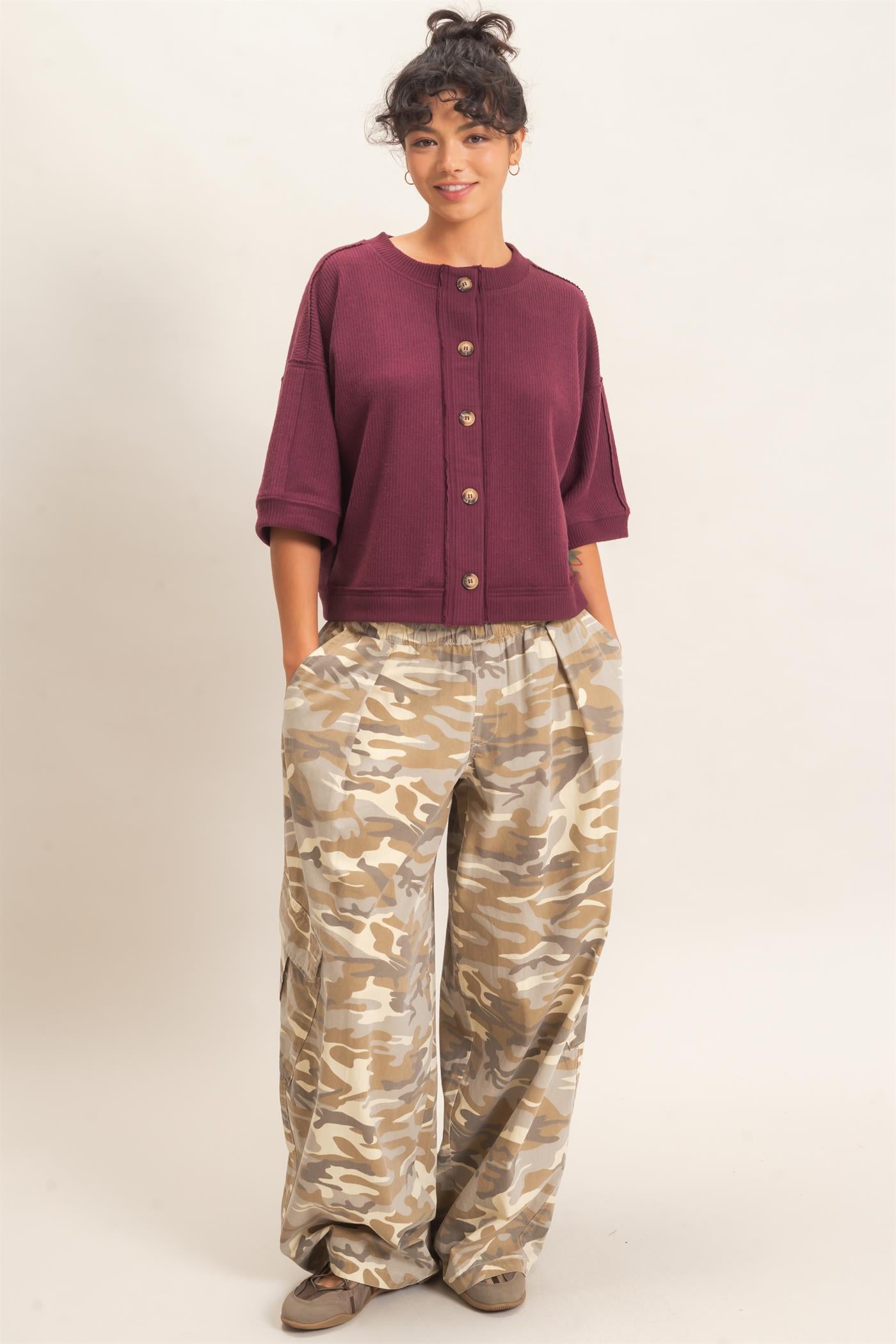 Wholesale Button-Down Short Sleeve Waffle Top Clothing Tops DZ26F244 DARK CHERRY DOUBLE ZERO
