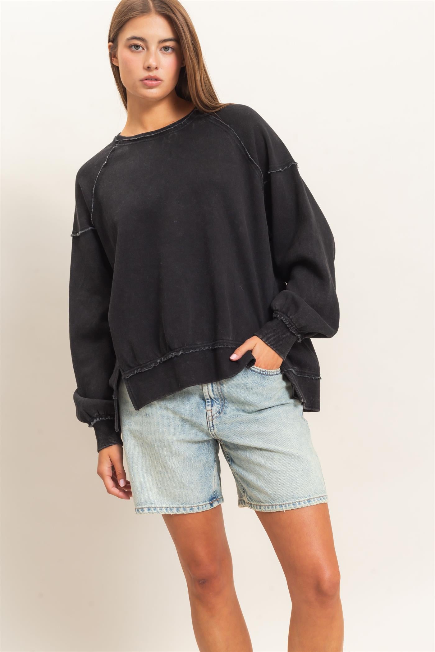 Wholesale Acid Wash Raw Edge Sweatshirt Sweatshirts DZ26C910 BLACK DOUBLE ZERO