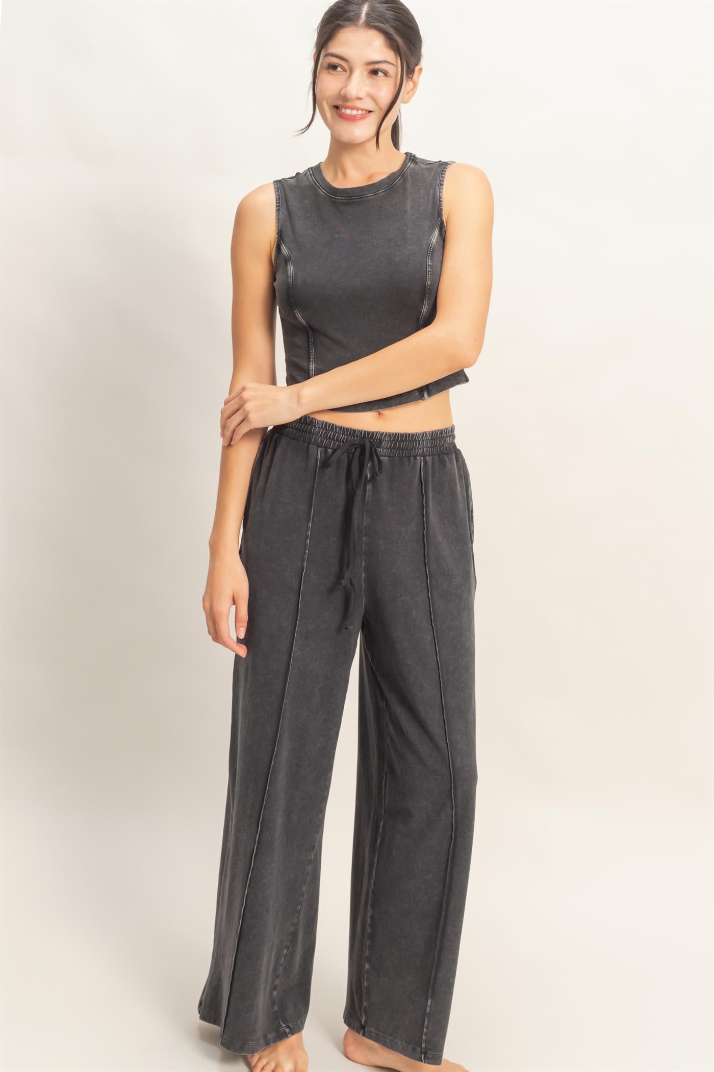 Wholesale Mineral Washed Sleeveless Top & Wide Leg Pants Set Clothing DZ26A371-SET BLACK DOUBLE ZERO