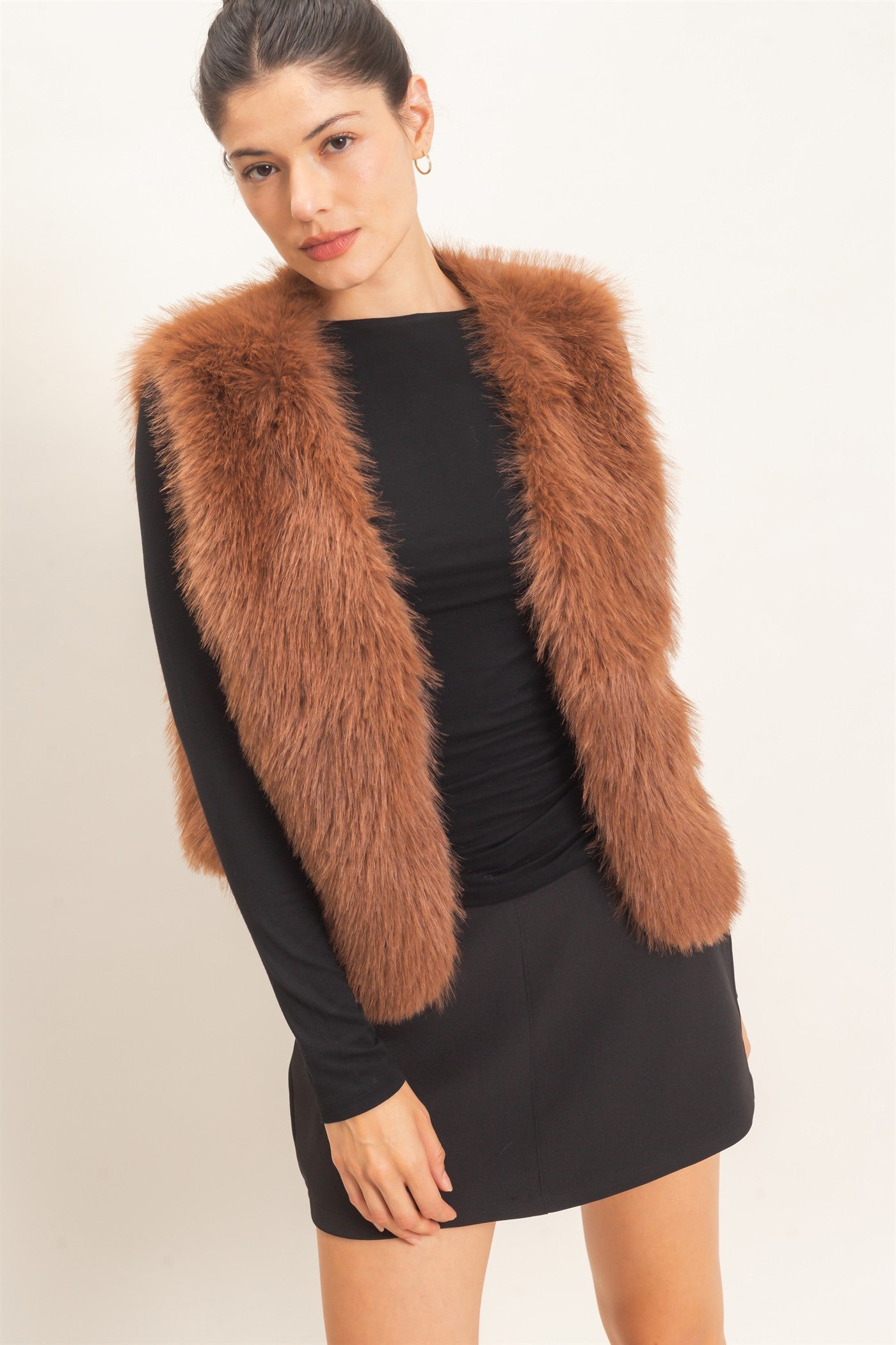 Wholesale Open-Front Faux Fur Vest Vests HF26F164 BROWN HYFVE