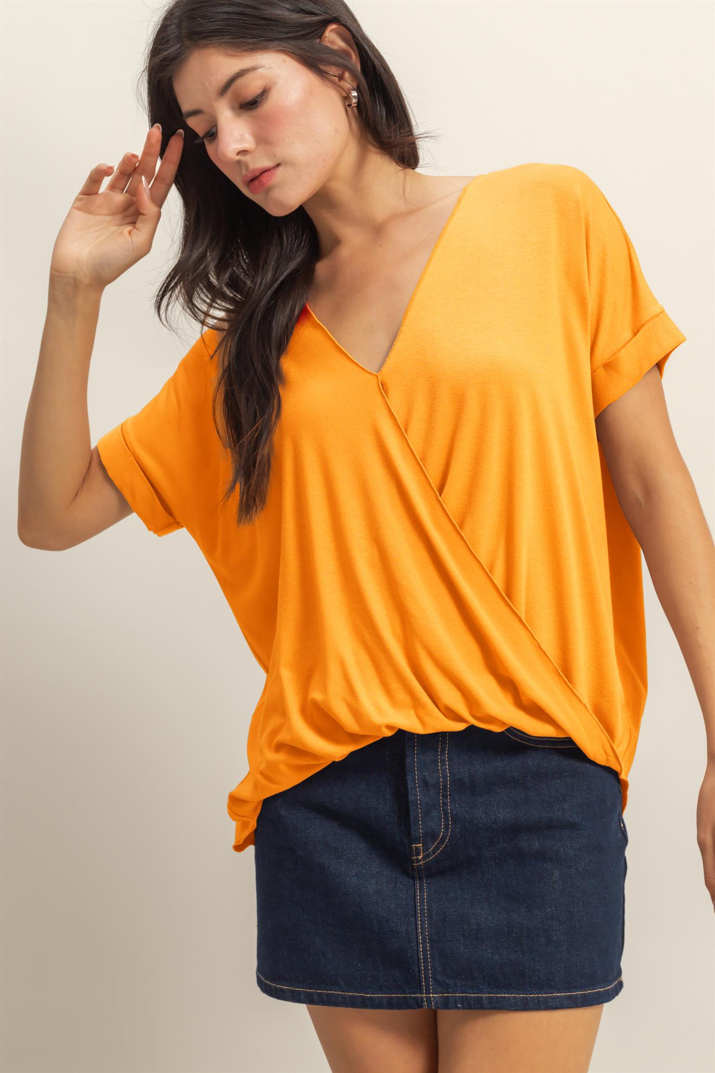 Wholesale Short Sleeve Surplice Top Clothing Tops DZ25E289 ORANGE DOUBLE ZERO