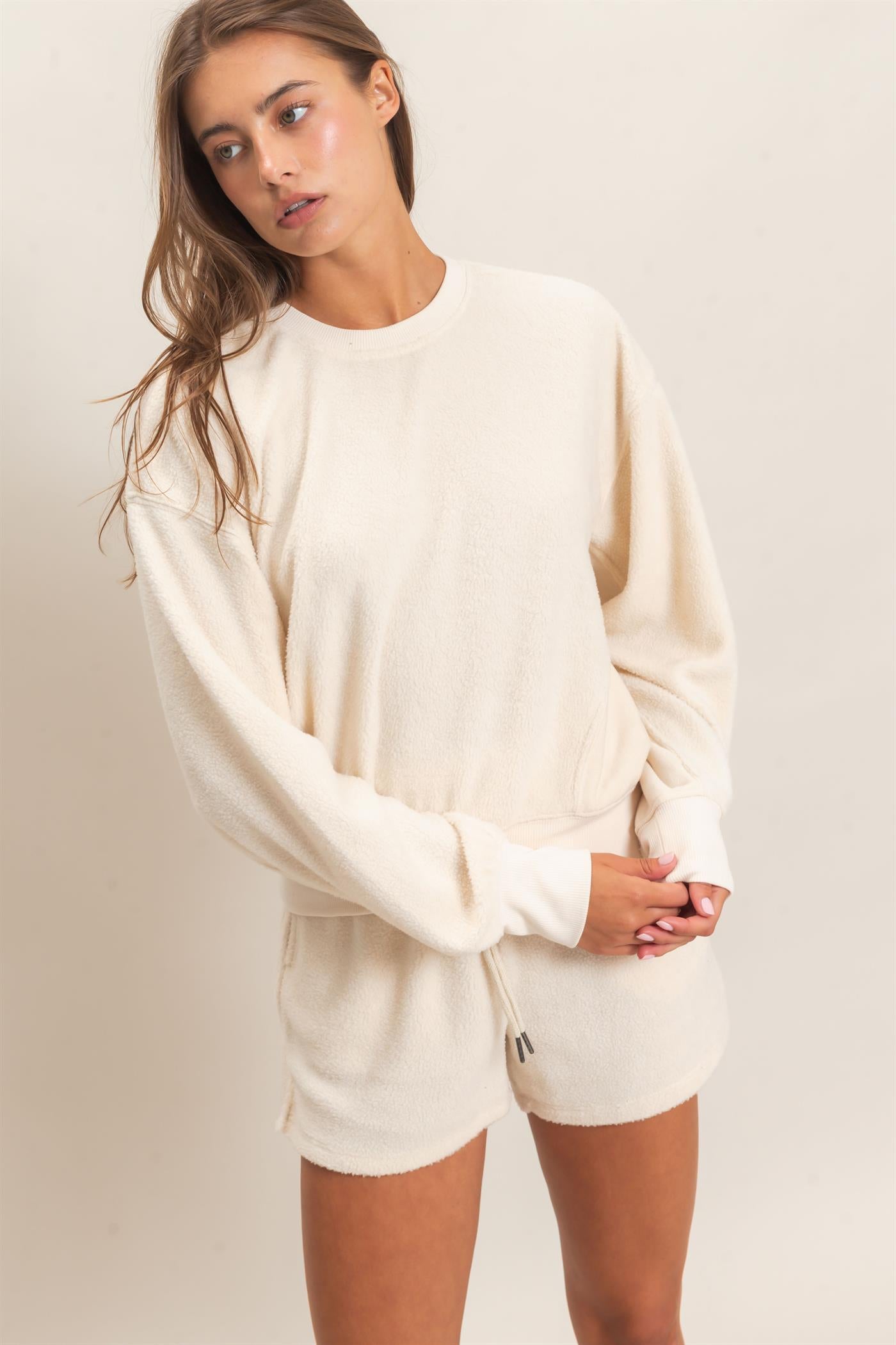 Wholesale Contrast Sweatshirt & Shorts Set Clothing DZ25F478-SET IVORY DOUBLE ZERO