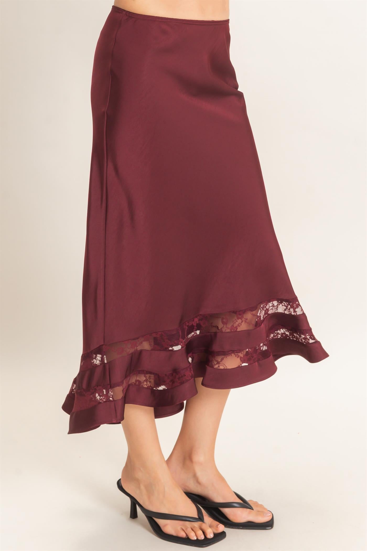 Wholesale Bias Cut Satin Skirt With Lace Hem Skirts HF26E306 BURGUNDY HYFVE