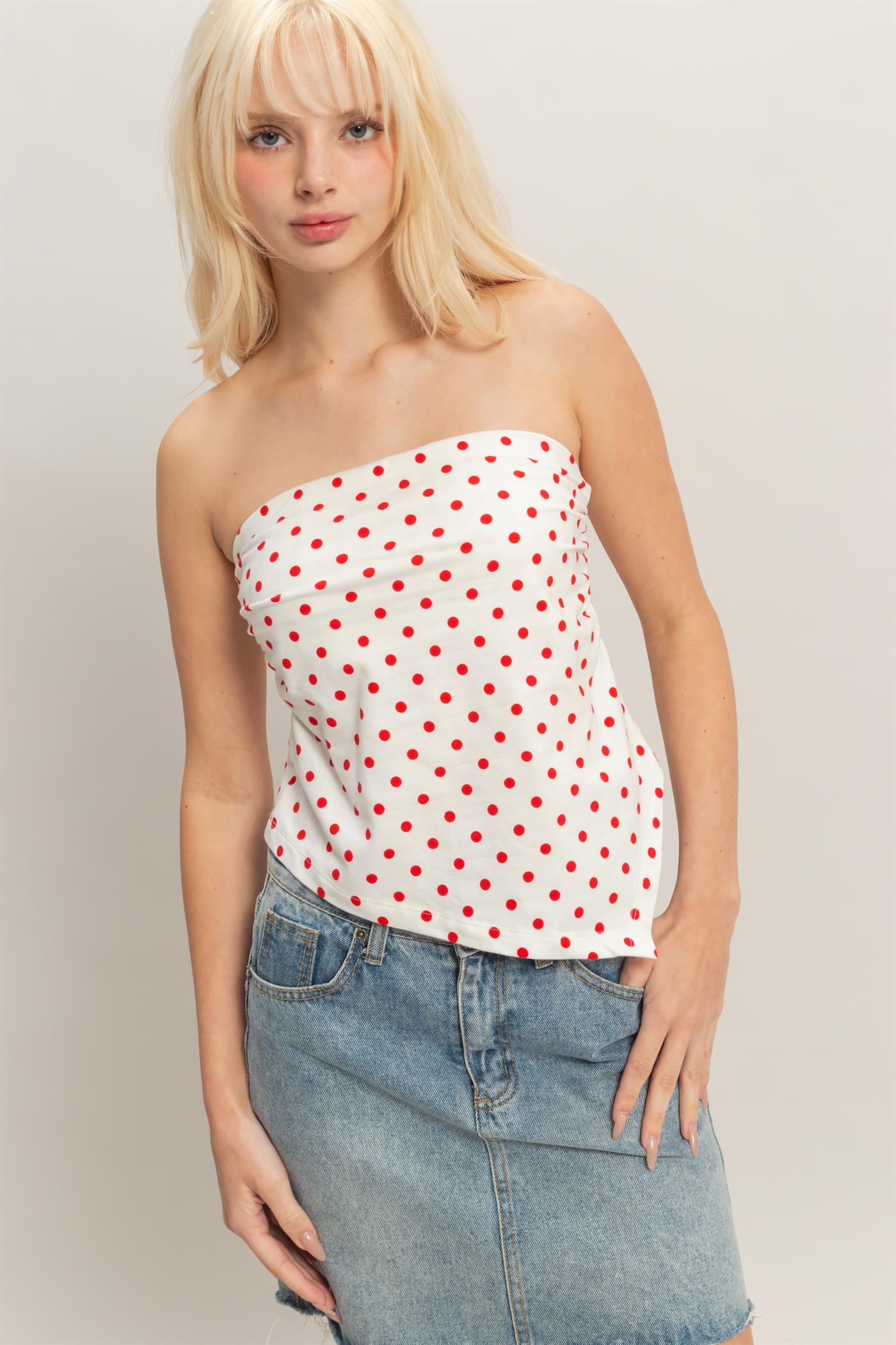 Wholesale Polka Dot Triangle Tube Top Clothing Tops DZ26C347 RED DOUBLE ZERO