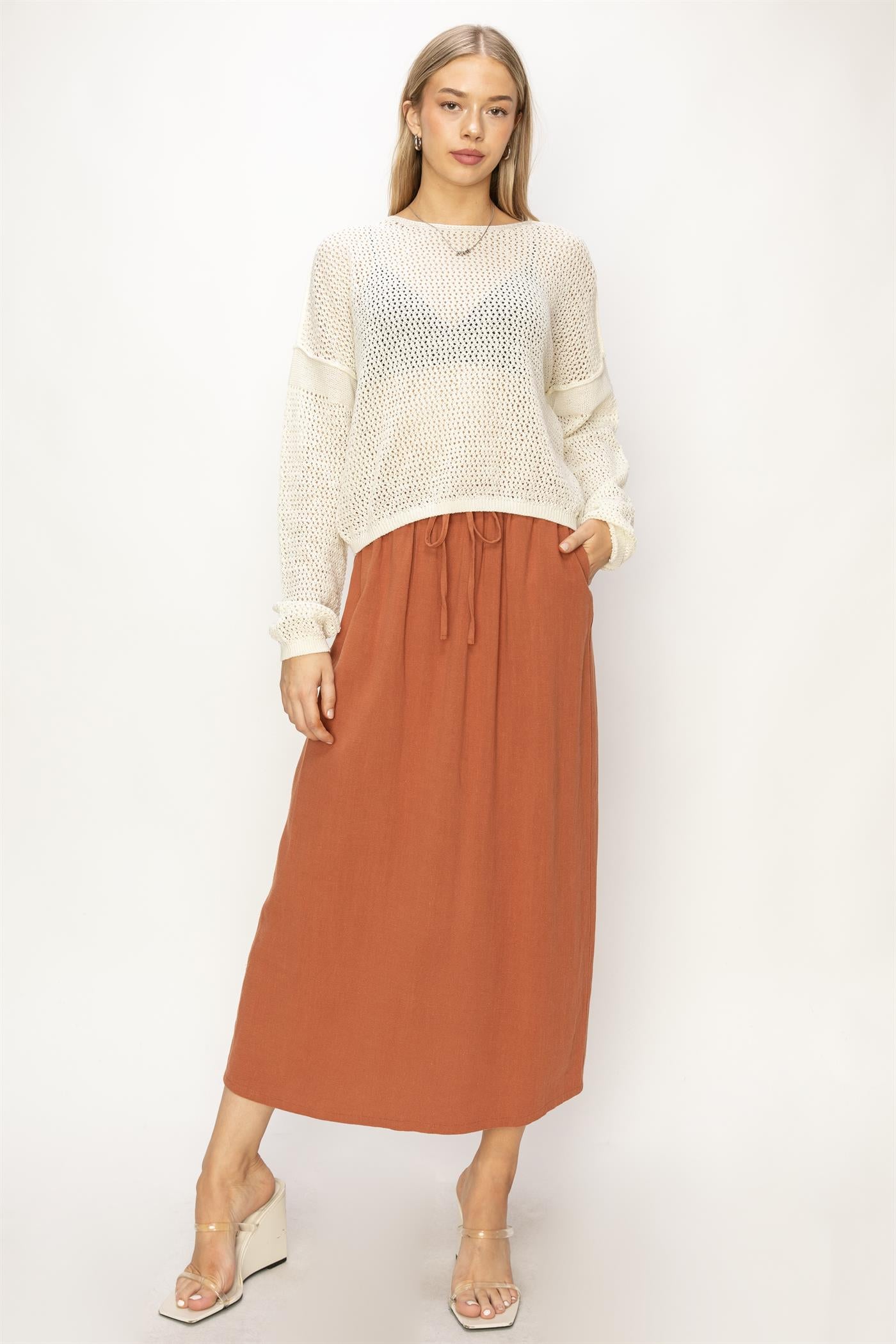 Wholesale Open Knit Drop Shoulder Sweater Clothing Tops DZ24C033 WHIP CREAM DOUBLE ZERO