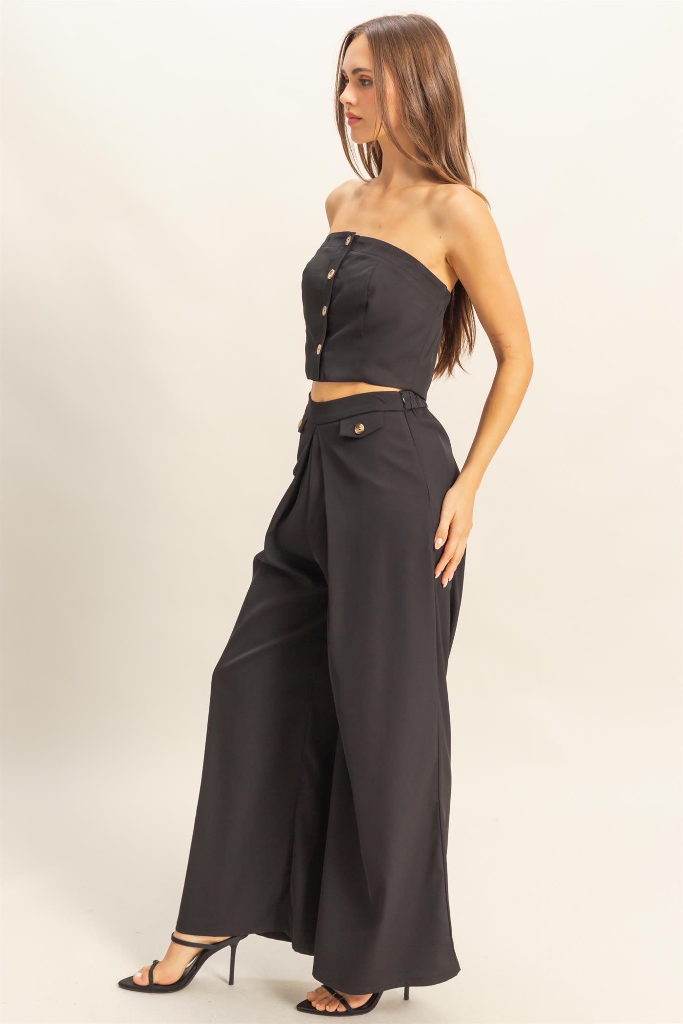 Wholesale Strapless Buttoned Top And Pants Set Clothing HF25E017-SET BLACK HYFVE
