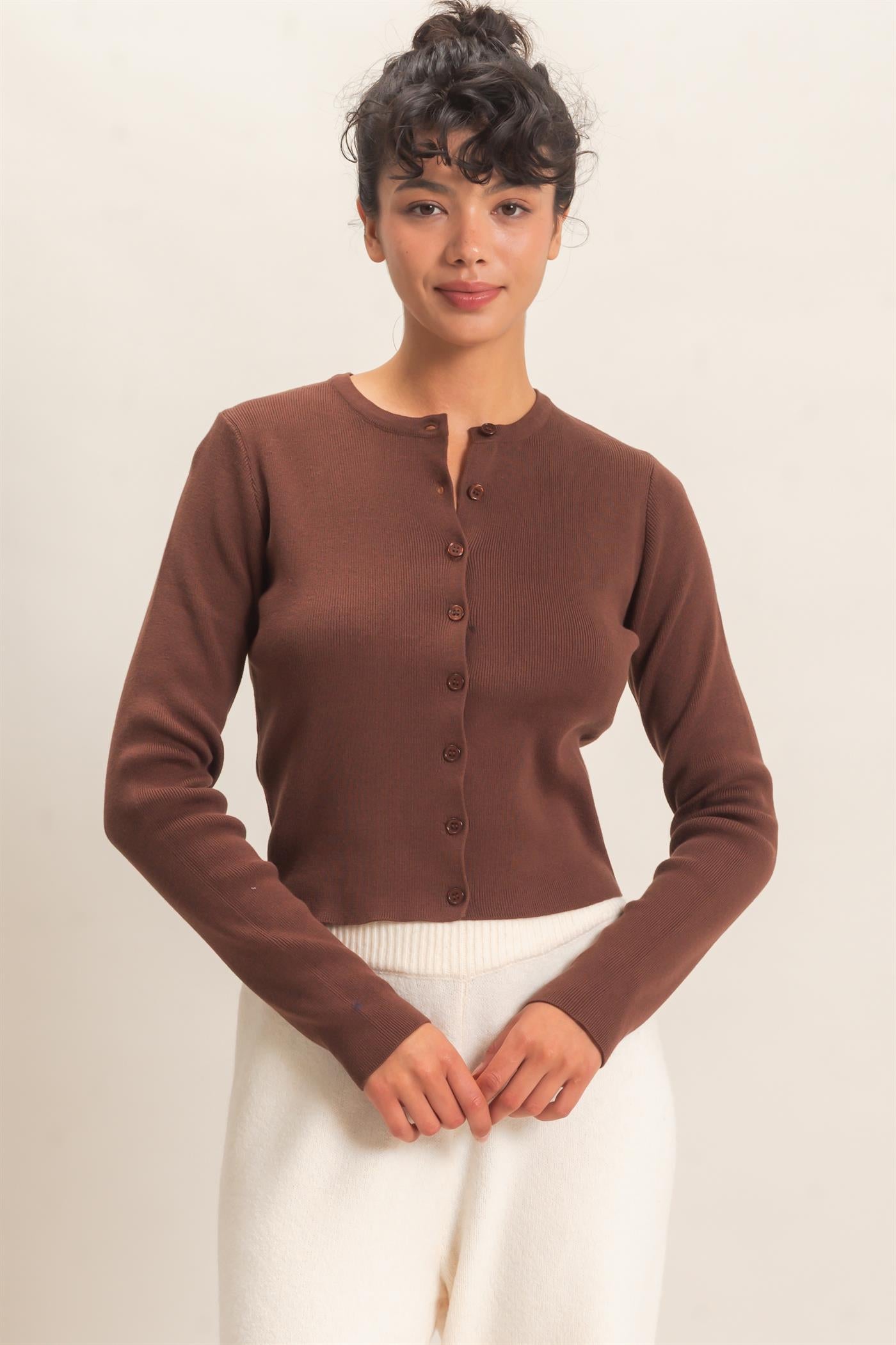Wholesale Ribbed Crew Neck Cardigan Cardigans DZ27A153 DARK BROWN DOUBLE ZERO