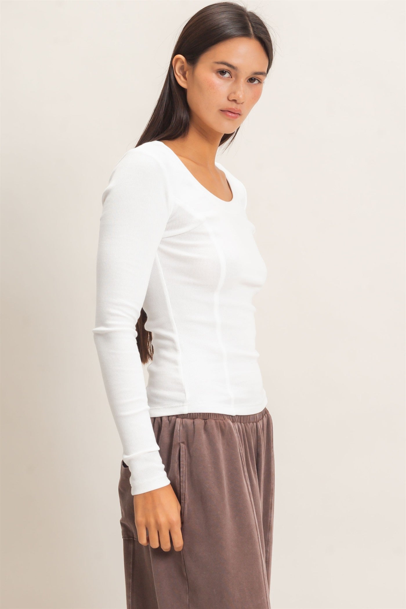 Wholesale Pigment Dye Seam Detail Scoop Neck Top Clothing Tops DZ26E242 WHITE DOUBLE ZERO
