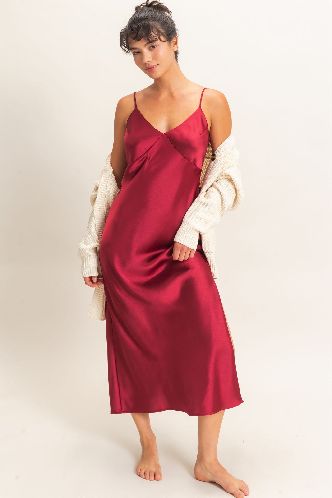 Wholesale Satin V-Neck Slip Dress Dresses DZ26E262 BURGUNDY DOUBLE ZERO