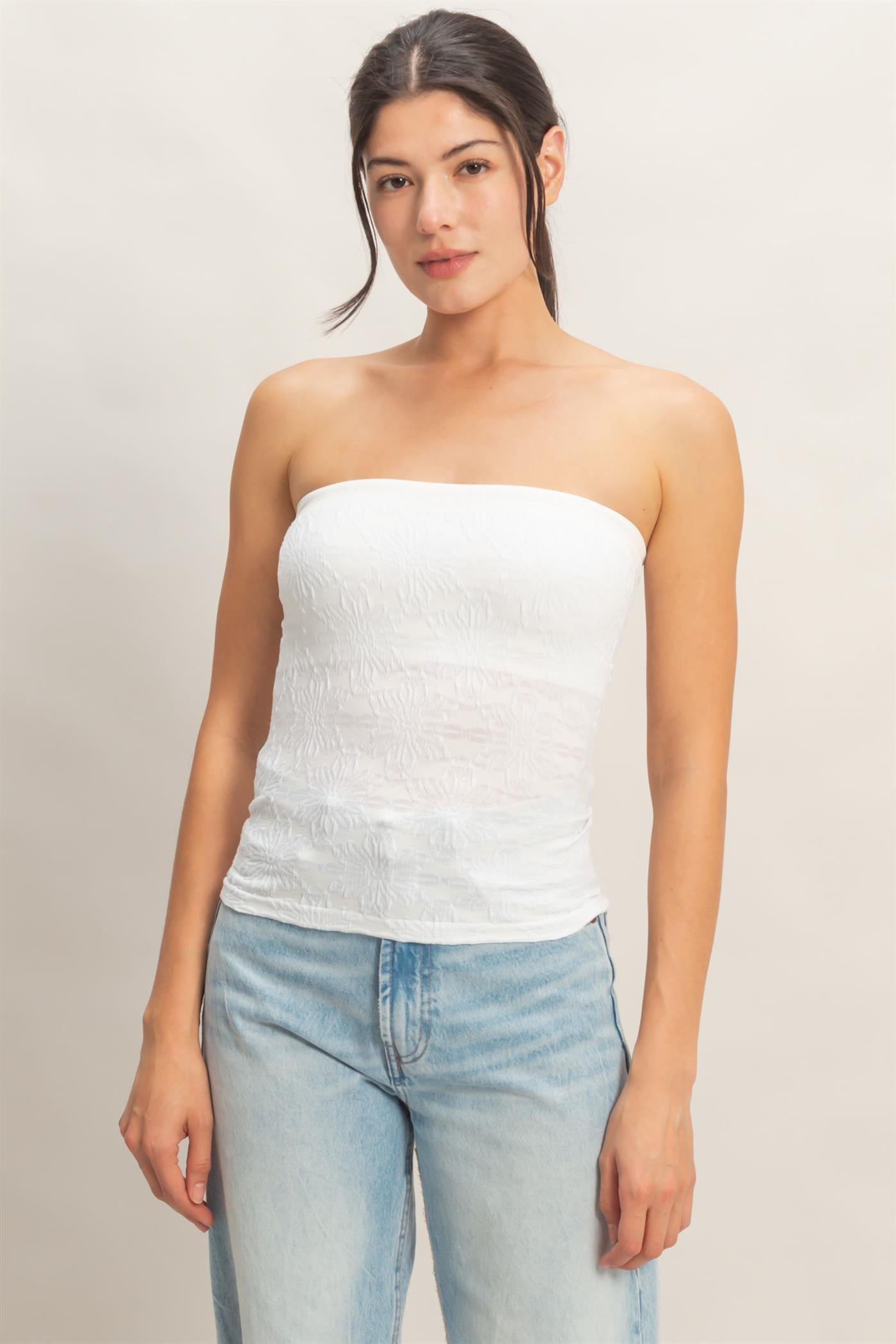 Wholesale Strapless Jacquard Top Clothing Tops HF26E219 WHITE HYFVE