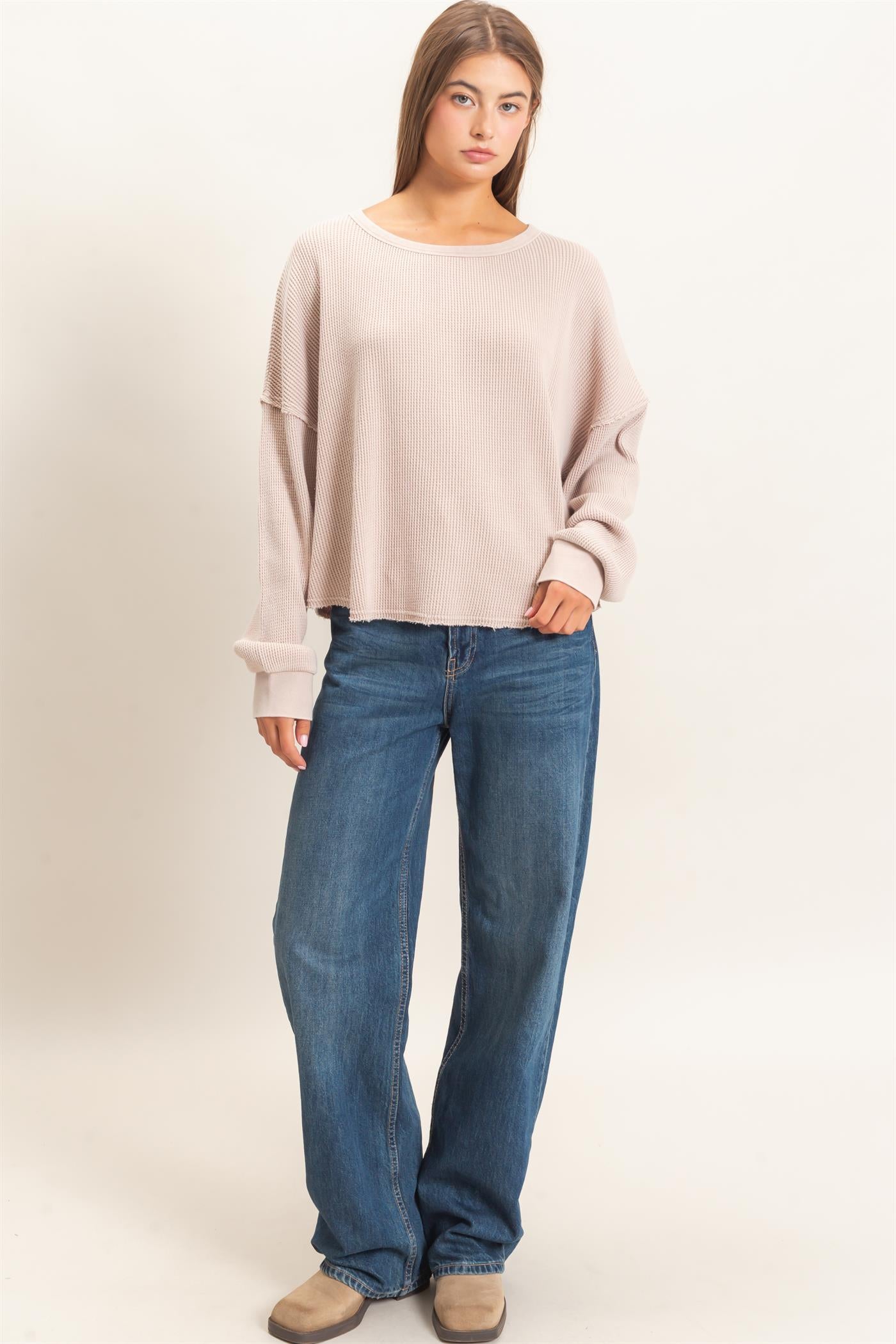 Wholesale Mineral Wash Waffle Oversized Top Clothing Tops DZ26E248 LIGHT TAUPE DOUBLE ZERO