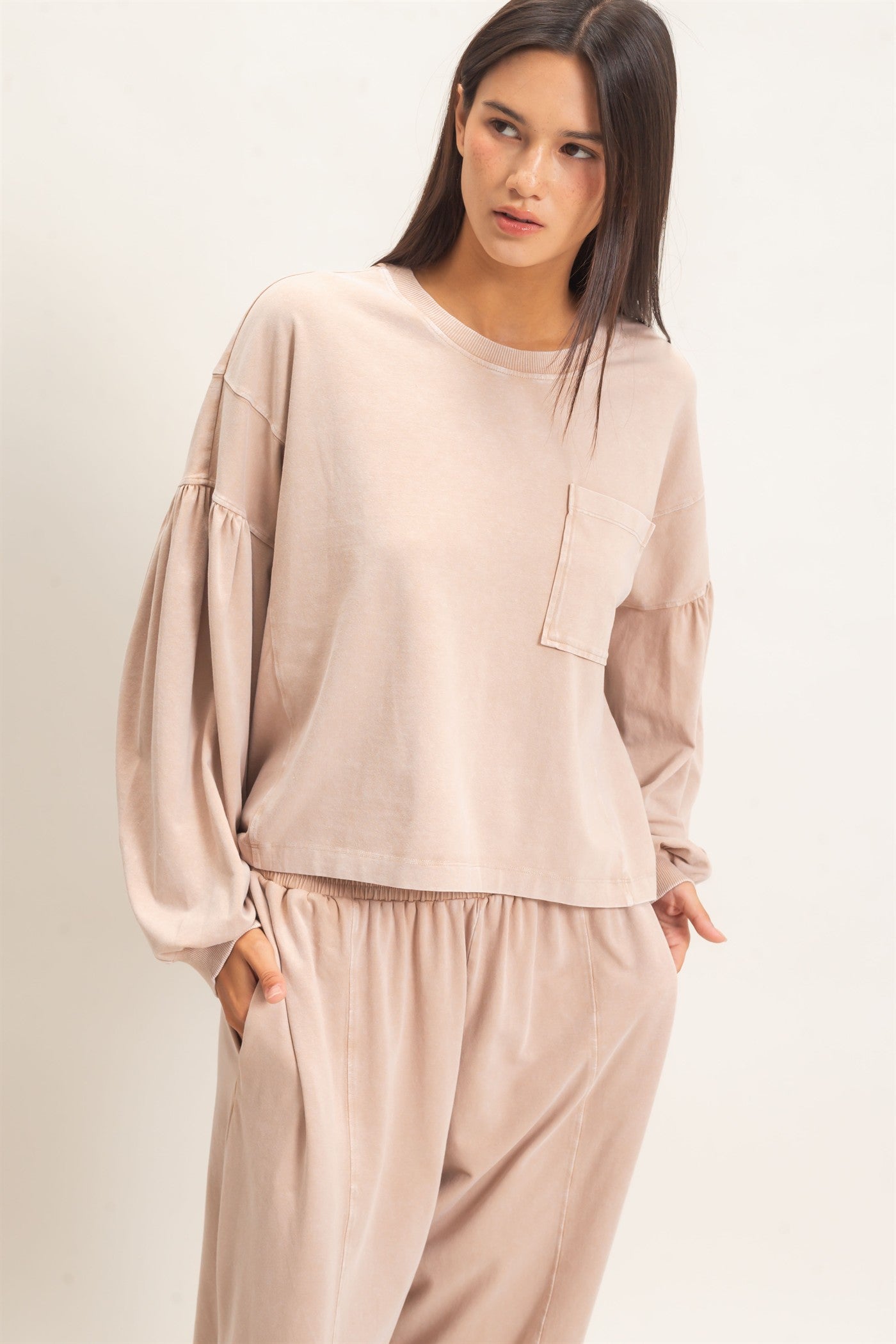 Wholesale Mineral Wash Puff Long Sleeve Boxy Top Clothing Tops DZ26F402 DARK TAUPE DOUBLE ZERO