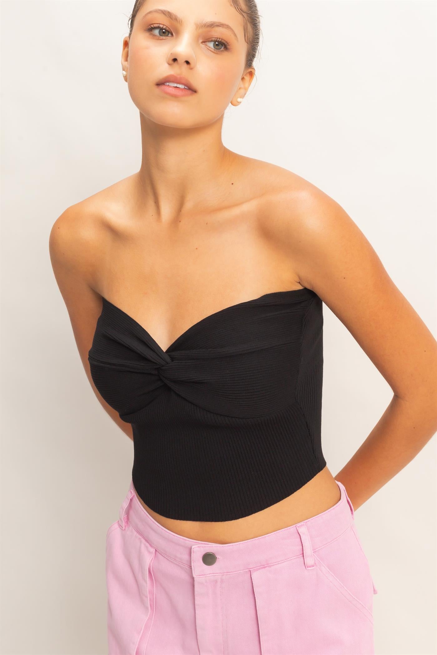 Wholesale Ribbed Knot Bustier Top Clothing Tops DZ26A308 BLACK DOUBLE ZERO
