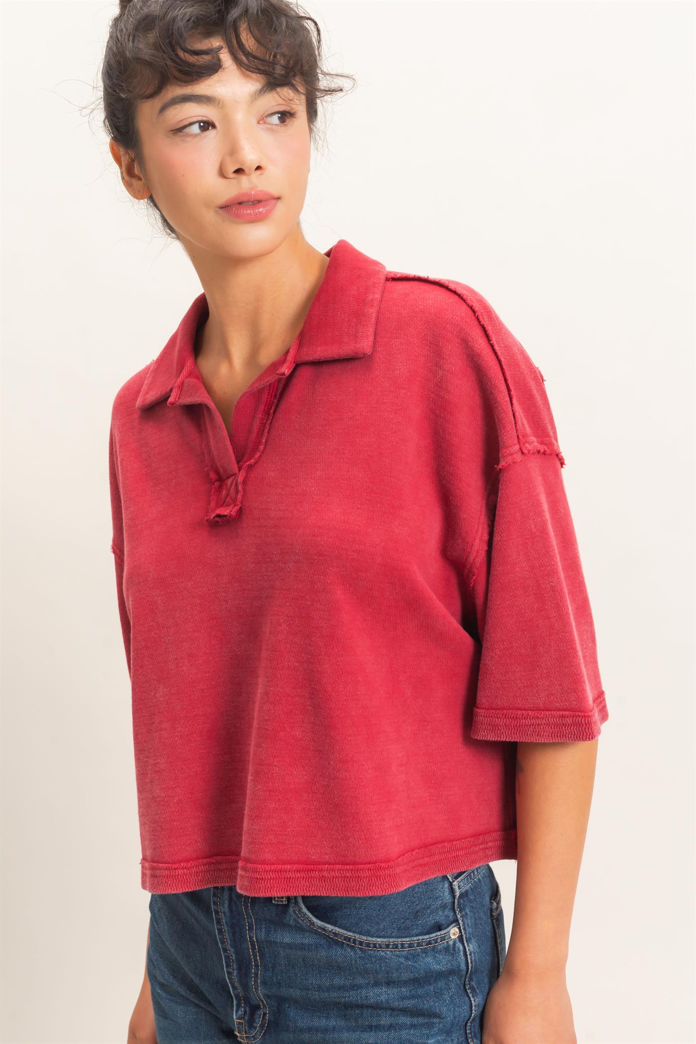 Wholesale Mineral Wash Oversized Collar Short Sleeve Top Clothing Tops DZ26E813 DARK RED DOUBLE ZERO
