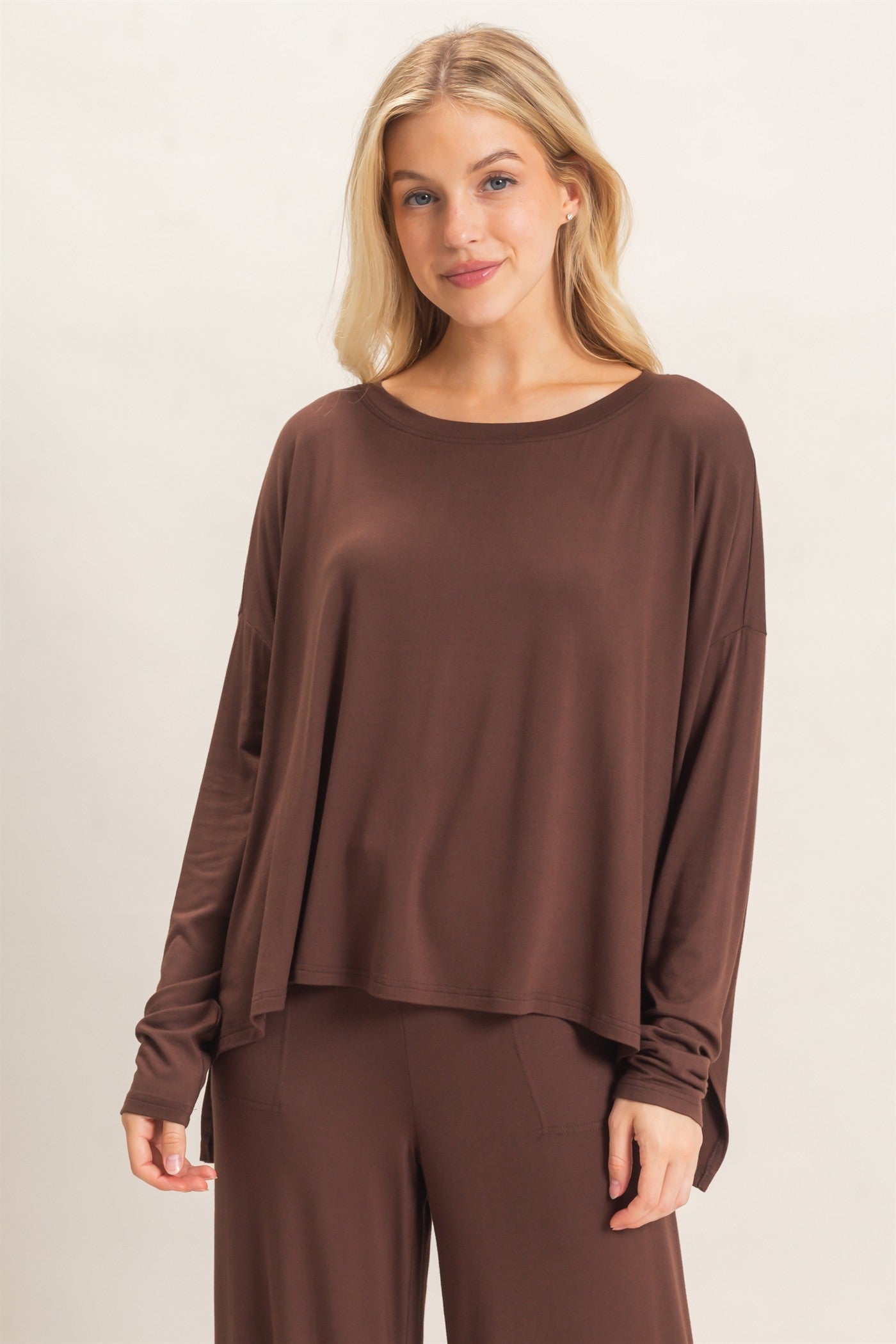 Wholesale Boat Neck Boxy Top Clothing Tops HF26F298 ESPRESSO HYFVE