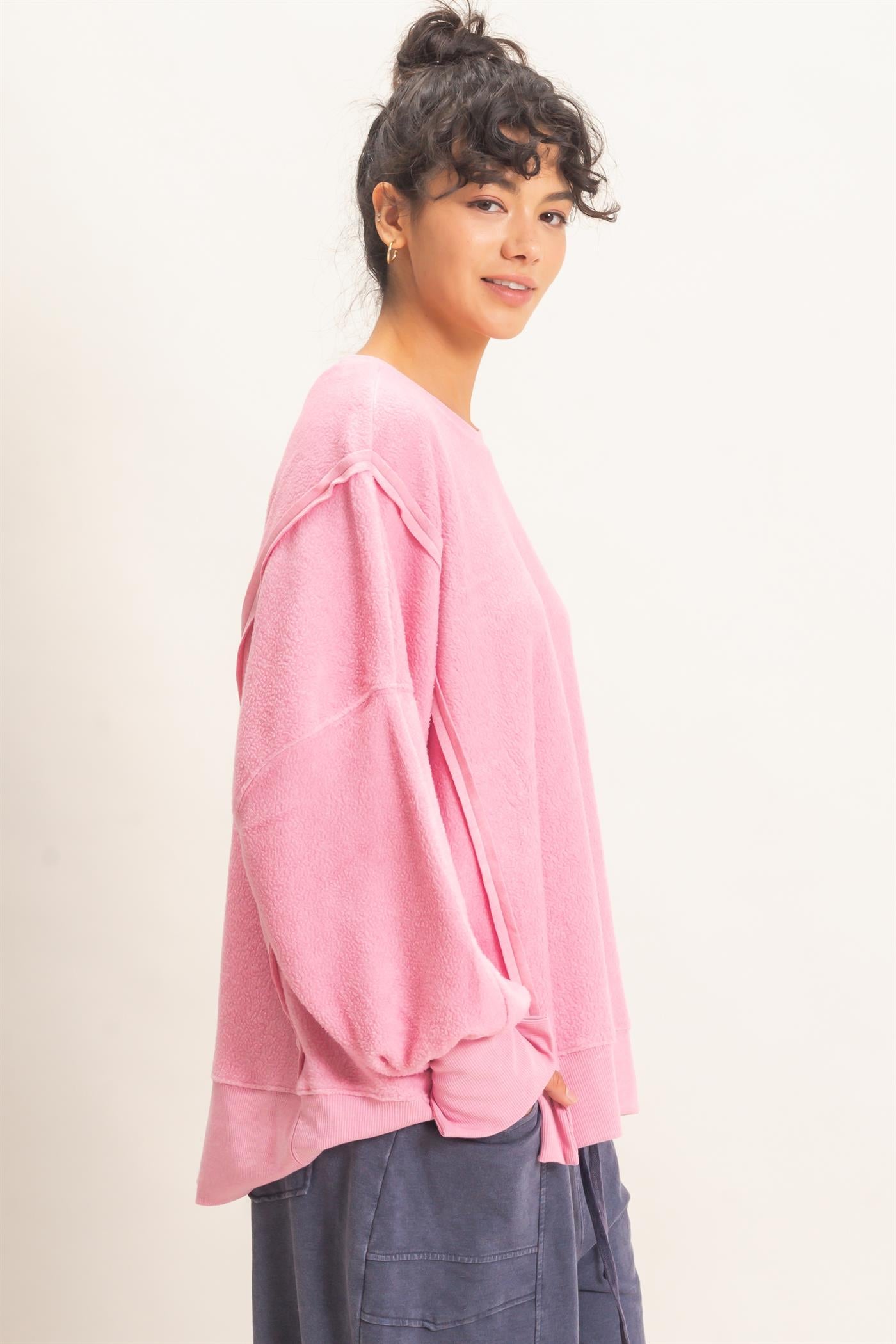 Wholesale Oversized Raw Edge Crew Neck Sweatshirt Sweatshirts DZ26E273 PINK DOUBLE ZERO