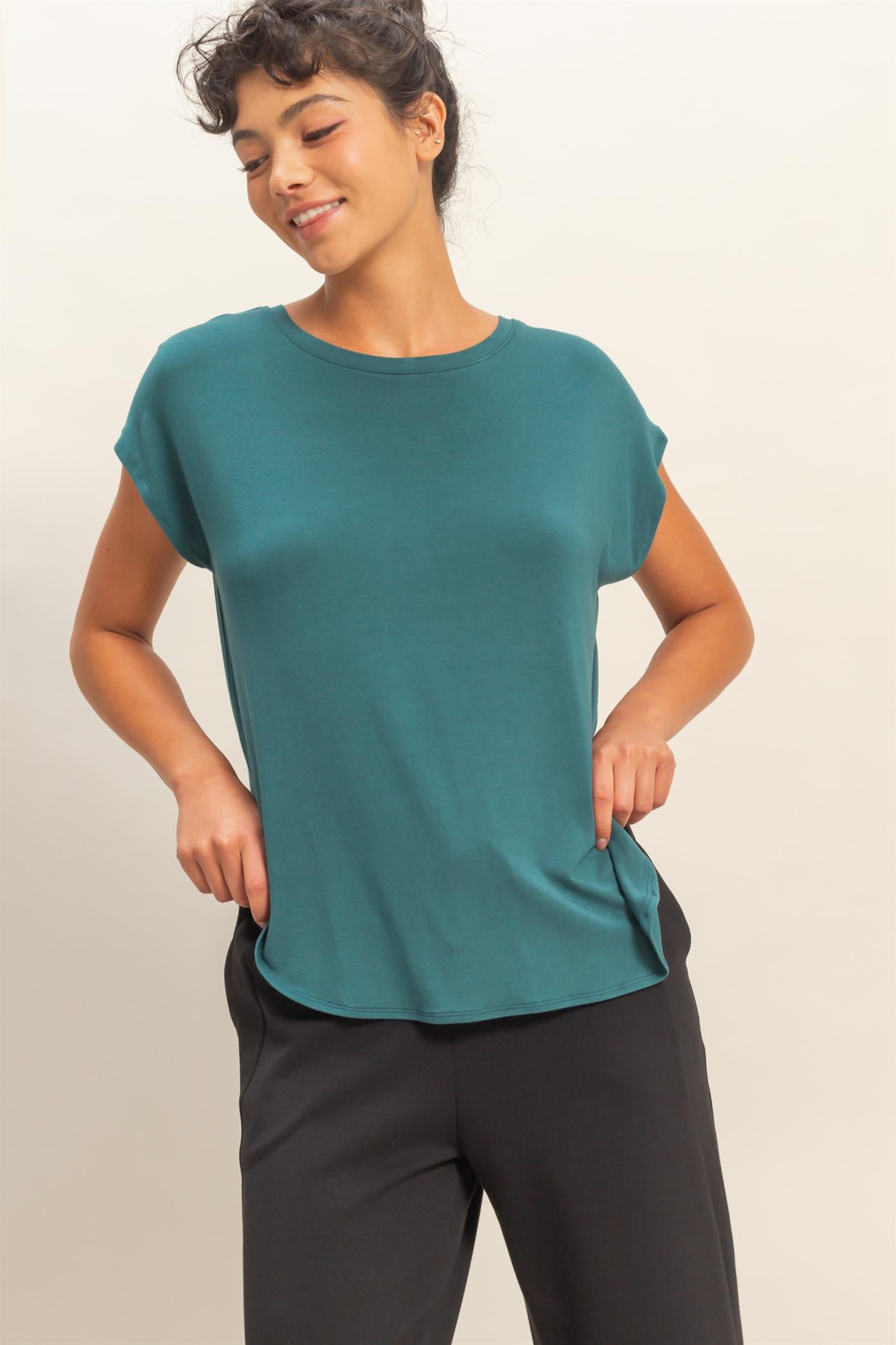 Wholesale Relaxed Dolman Short Sleeve  Round Neck Top Shirts DZ26A270 DARK TEAL DOUBLE ZERO