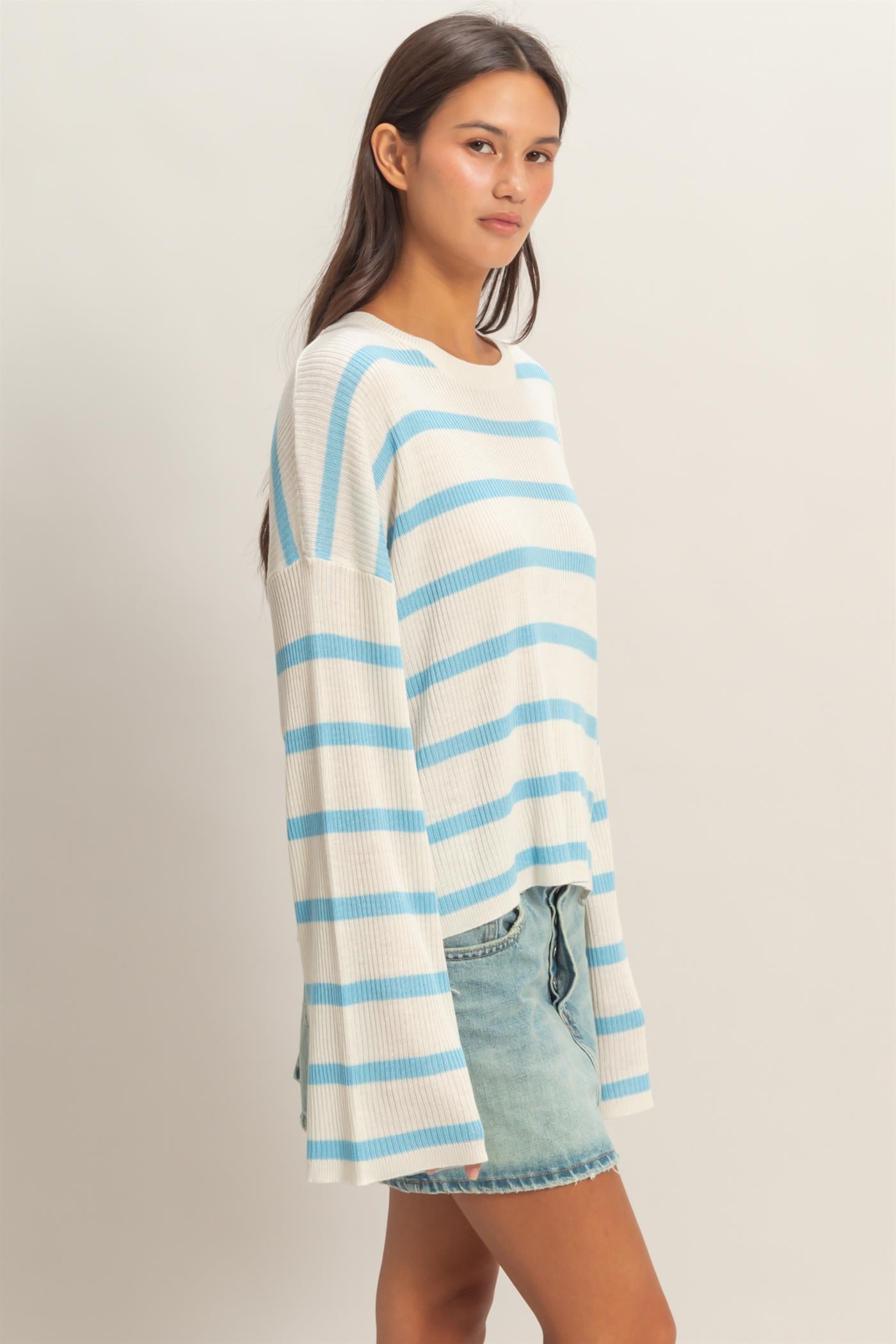 Wholesale Lightweight Wide-Sleeve Striped Sweater Clothing Tops DZ26A329 BLUE DOUBLE ZERO