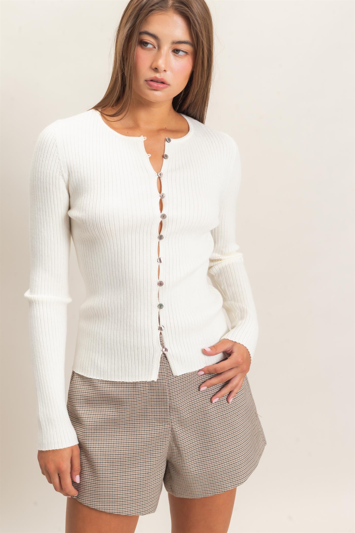 Wholesale Ribbed Button Front Cardigan Cardigans DZ26E322 CREAM DOUBLE ZERO