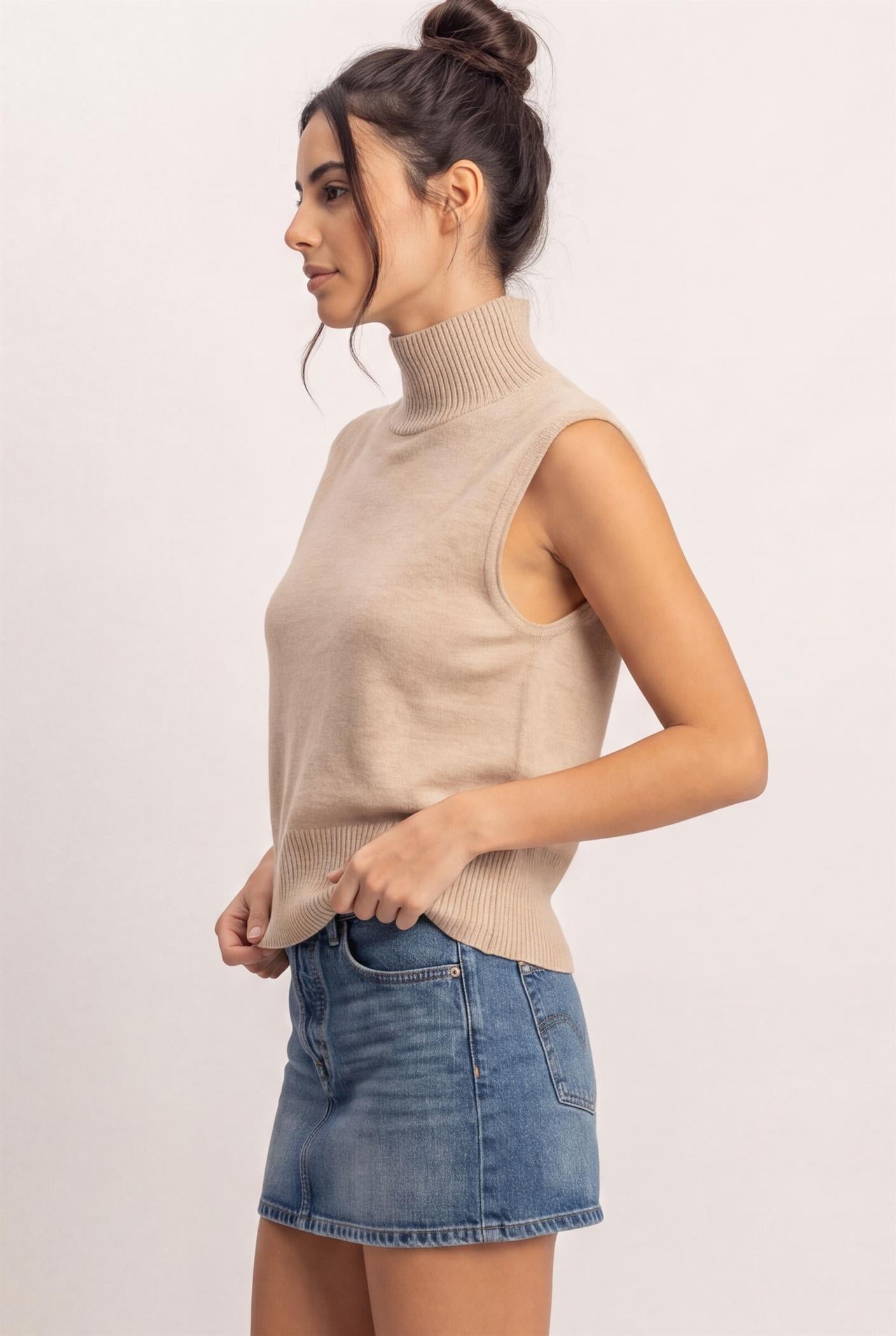 Wholesale Sleeveless High Neck Knit Top Clothing Tops DZ26E946 TAUPE DOUBLE ZERO