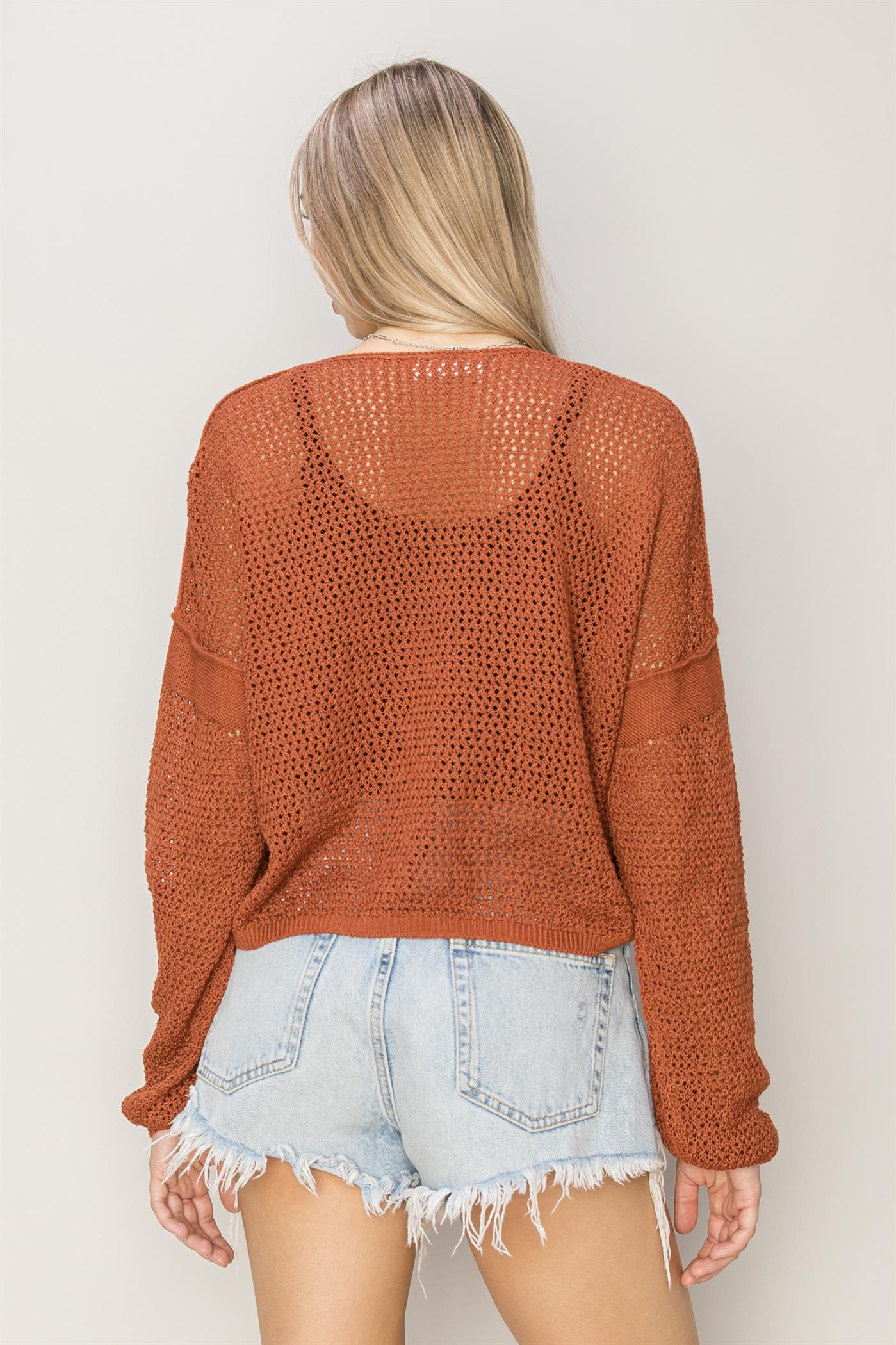 Wholesale Open Knit Drop Shoulder Sweater Clothing Tops DZ24C033 BAKED CLAY DOUBLE ZERO