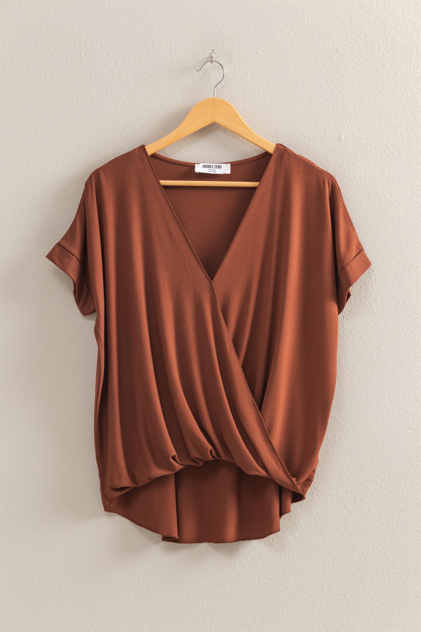 Wholesale Short Sleeve Surplice Top Clothing Tops DZ25E289 CHESTNUT DOUBLE ZERO