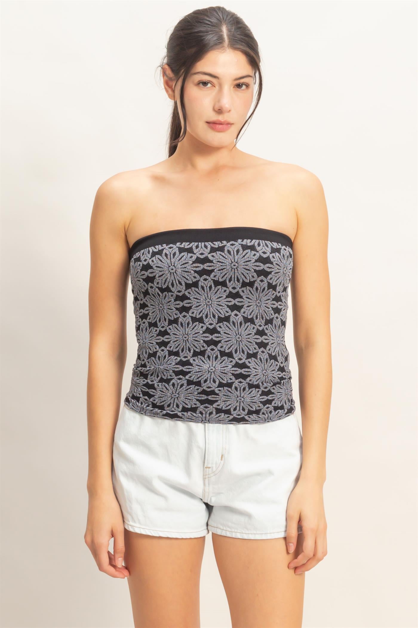 Wholesale Strapless Jacquard Top Clothing Tops HF26E219 BLACK HYFVE
