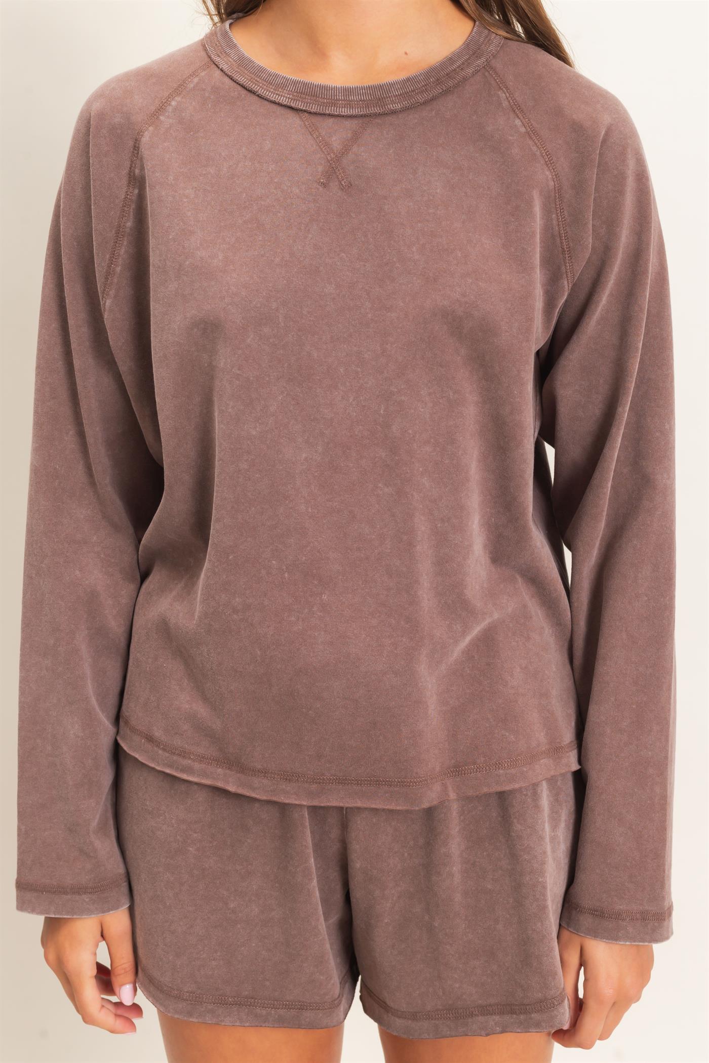 Wholesale Mineral Wash Long Sleeve Raw Edge Top & Shorts Set Clothing DZ26F403-SET DARK BROWN DOUBLE ZERO