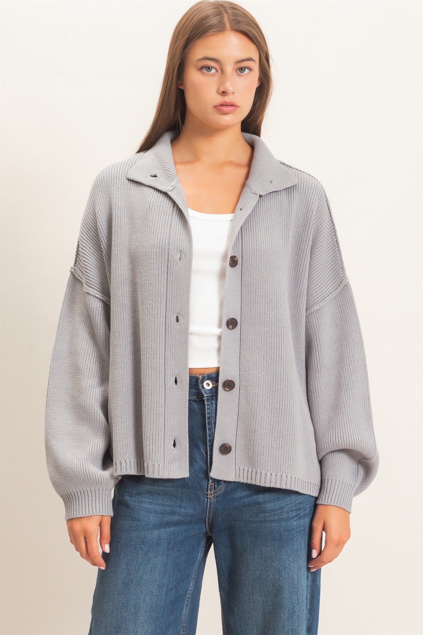 Wholesale High Neck Oversized Cardigan Cardigans DZ26E280 GRAY DOUBLE ZERO