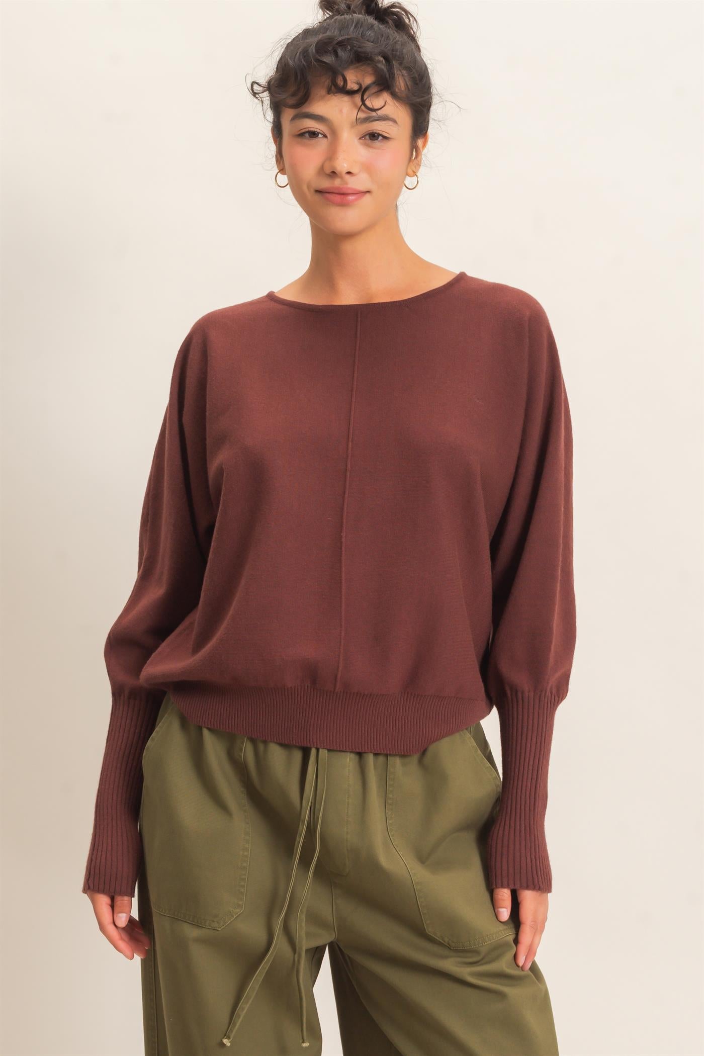 Wholesale Batwing Sleeve Center Seam Sweater Sweaters DZ26E079 DARK BROWN DOUBLE ZERO