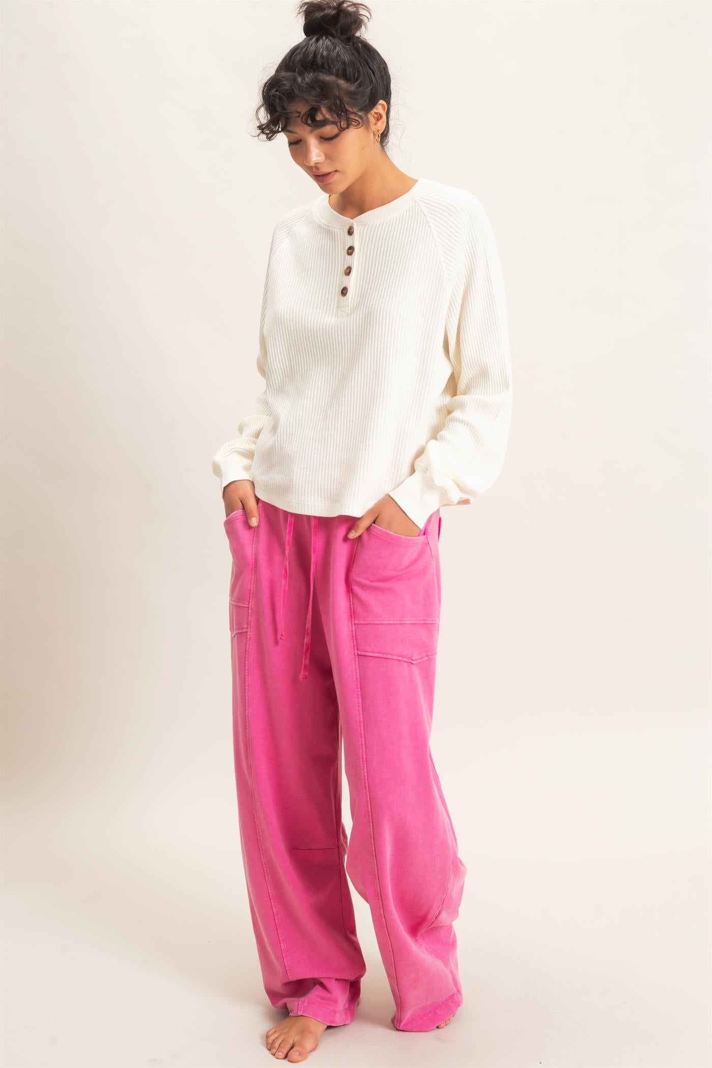 Wholesale Mineral Wash Waffle Knit Henley Top Sweatshirts DZ26E947 CREAM DOUBLE ZERO