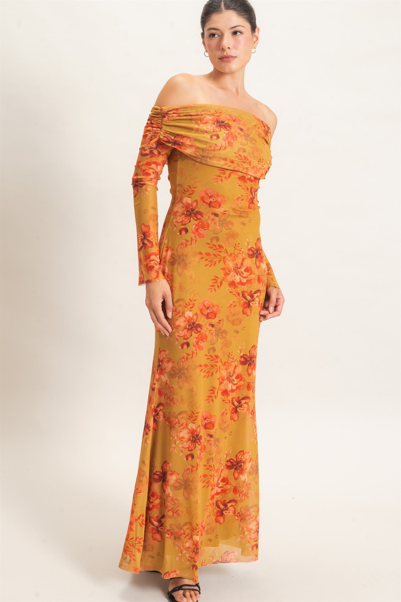 Wholesale Off Shoulder Floral Mesh Dress Dresses HF26E008 MUSTARD HYFVE