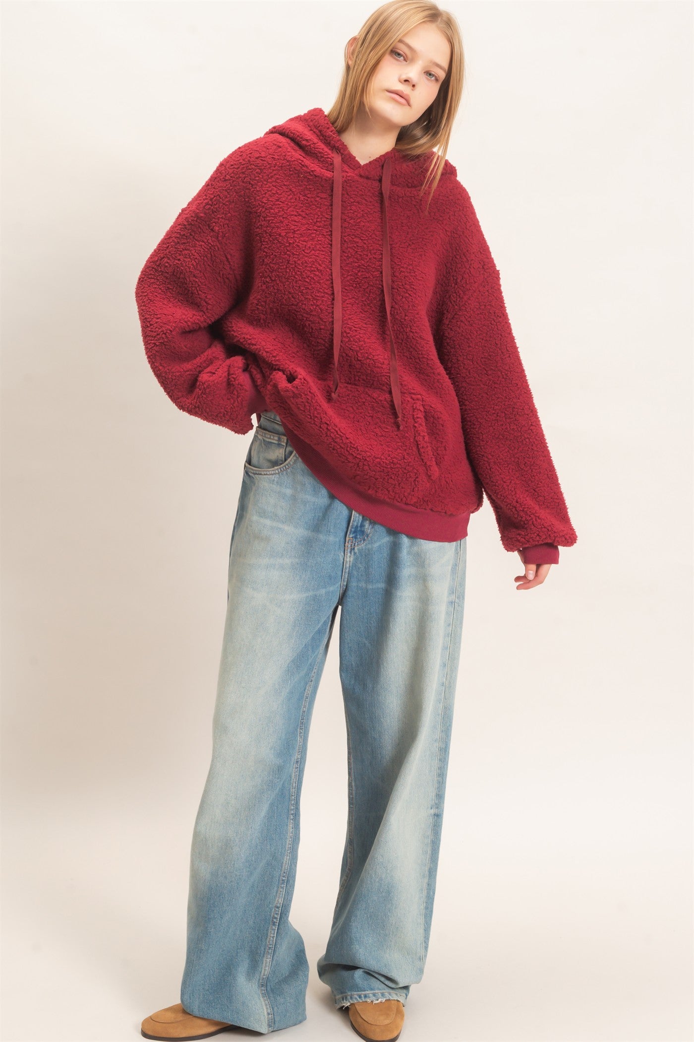 Wholesale Plush Sherpa Pullover Hoodie Hoodies HF26F289 BURGUNDY HYFVE