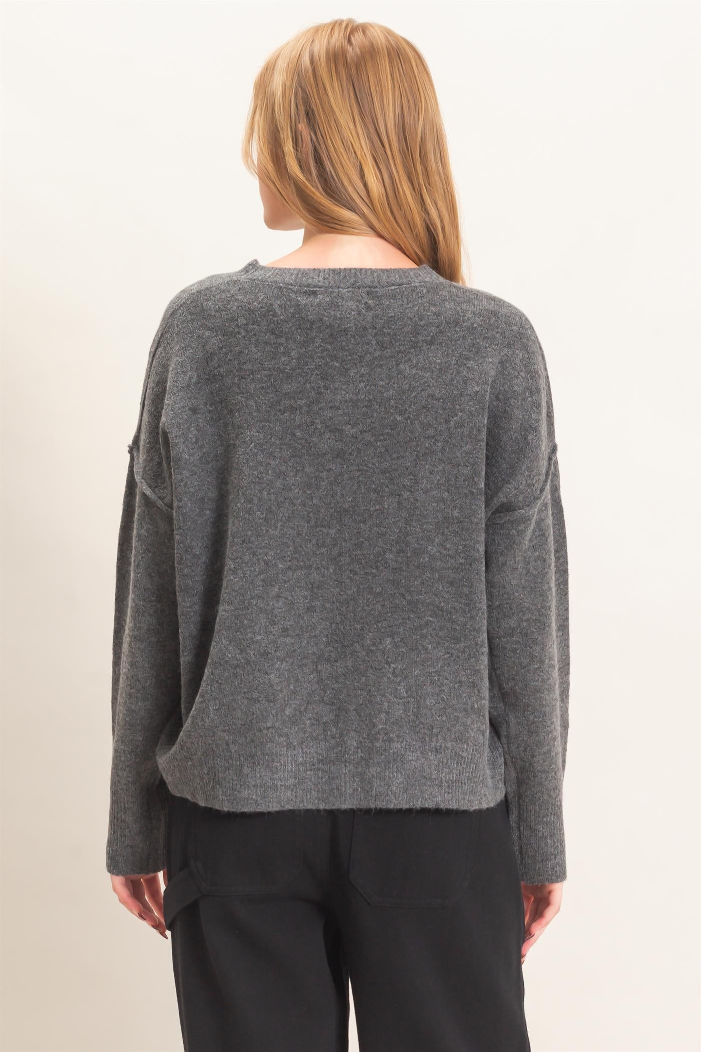 Wholesale Crew Neck Sweater With Ribbed Hem Sweaters HF26E203-D CHARCOAL HYFVE